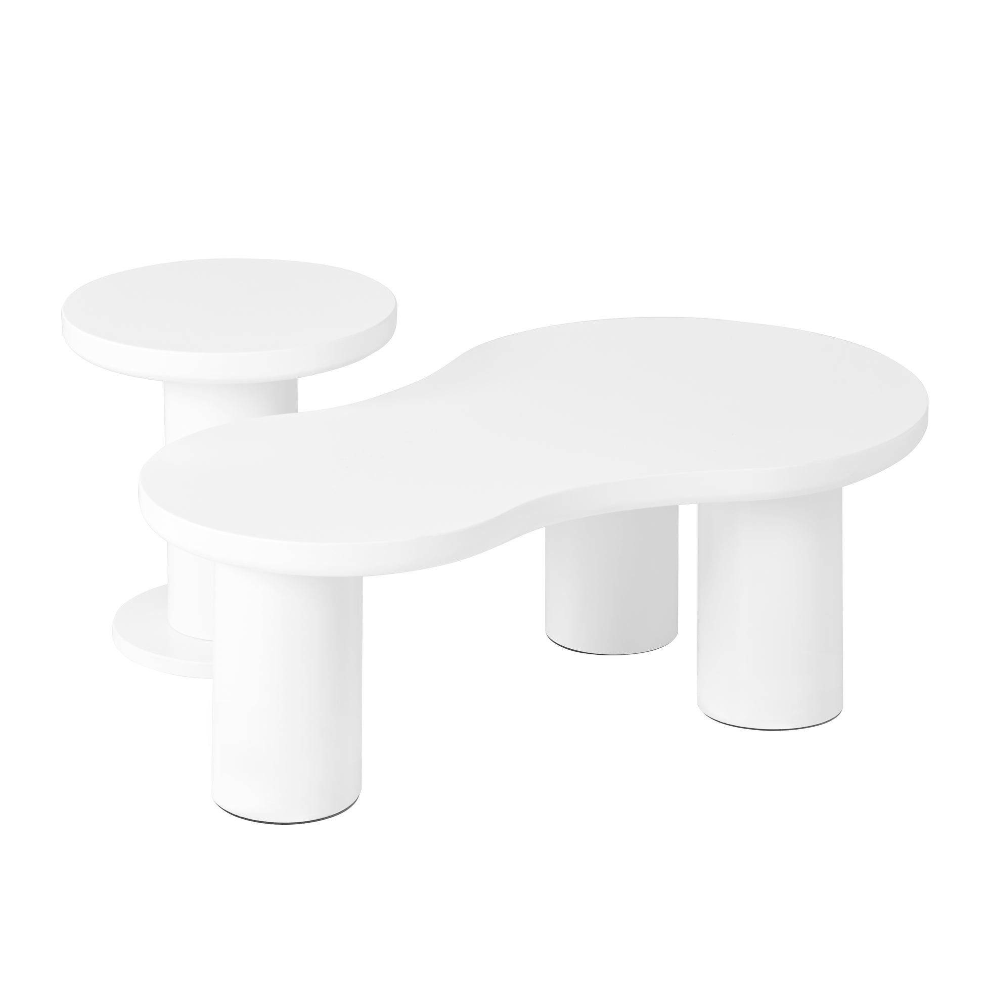 Easy Assembly Nesting Coffee Table Set Of 2, Cream Style Cloud Coffee Table With Round Small Side Table, Irregular Center Table With Thick Legs For Living Room, White, 39.3''X 13.7'', 15.7'' White