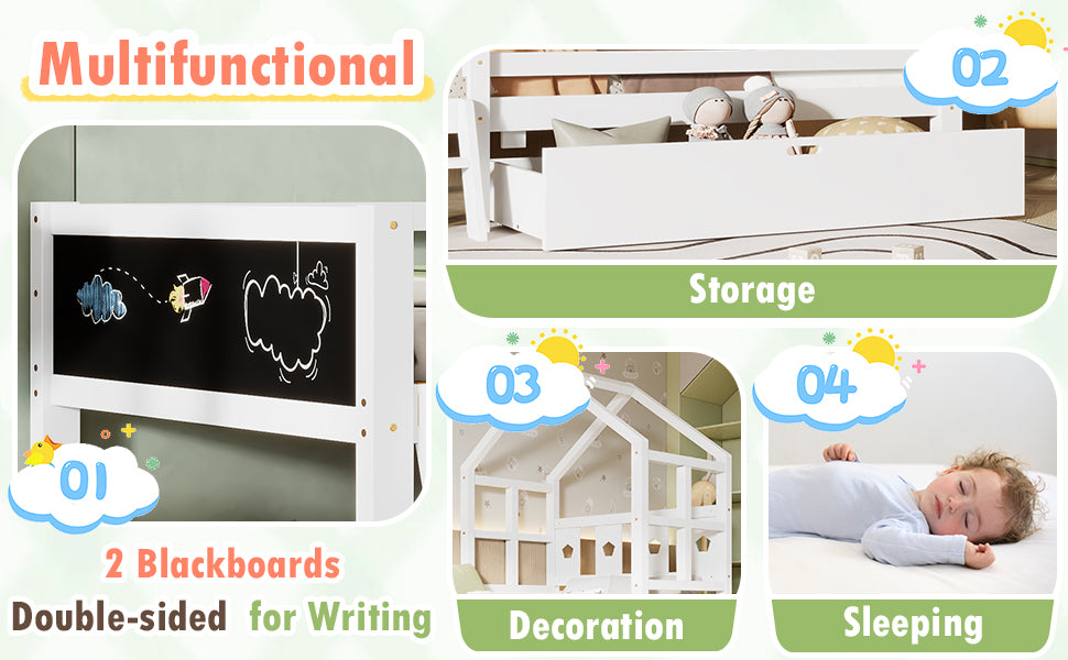 Twin Size House Bed With Ladder And Storage Drawers For Kid Bedroom,Solid Wood Platfrom Bedframe With 2 Blackboard Design, No Box Spring Needed, White Twin White Partice Board Mdf Pine Wood