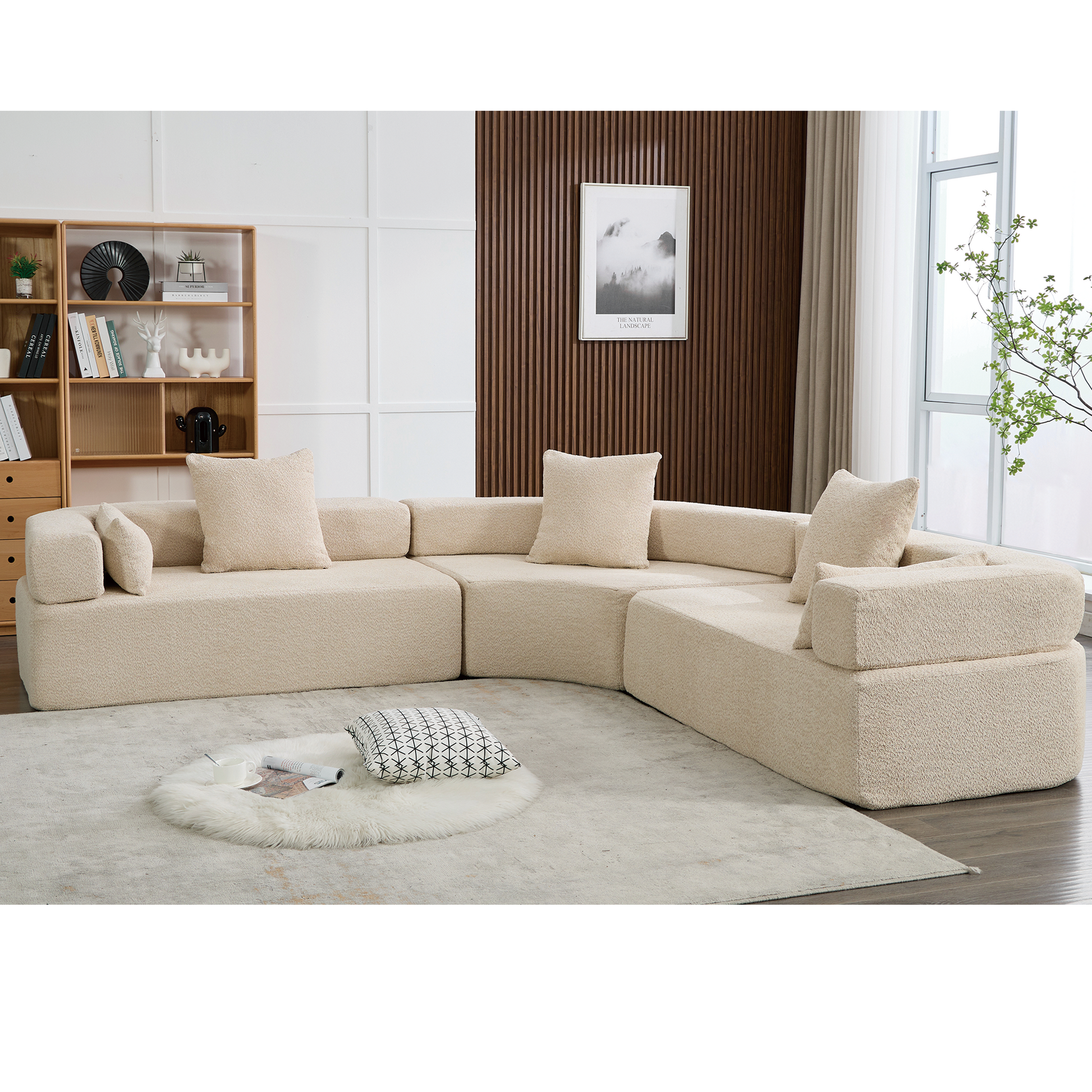Arrived Oversized Combination Sofa,Curved Sofa,Upholstered 4 Seater Couch For Living Room, Modern Modular 3 Piece Free Combination, Semicircular Modular Sofaboucle, Khaki Khaki Polyester Primary Living Space Soft Tight Back Modern Square Arms Foam