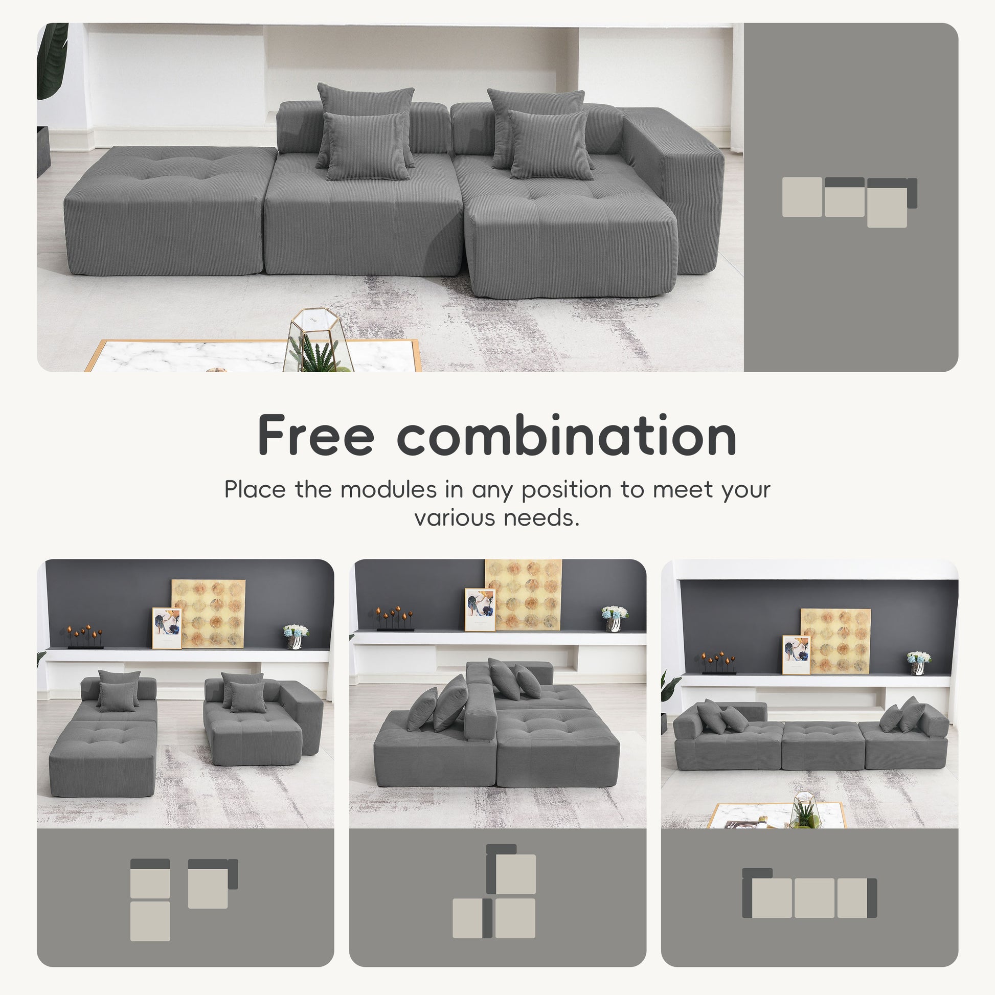 105.5'' L Shaped Modular Sectional Sofa,Minimalist Corduroy Floor Couch Set,Convertible Foam Filled Cloud Couch For Living Room,3 Pc Free Combination,No Assembly Required,3 Colors Gray Corduroy 4 Seat