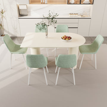 63 "Mdf Cream Style Coffee Table And Modern Dining Chair 8 Piece Set, Modern And Stylish Kitchen Dining Table Set, Round Wave Table Legs, Dining Table And Linen Chairs Buy 6 Chairs And Get 2 Free