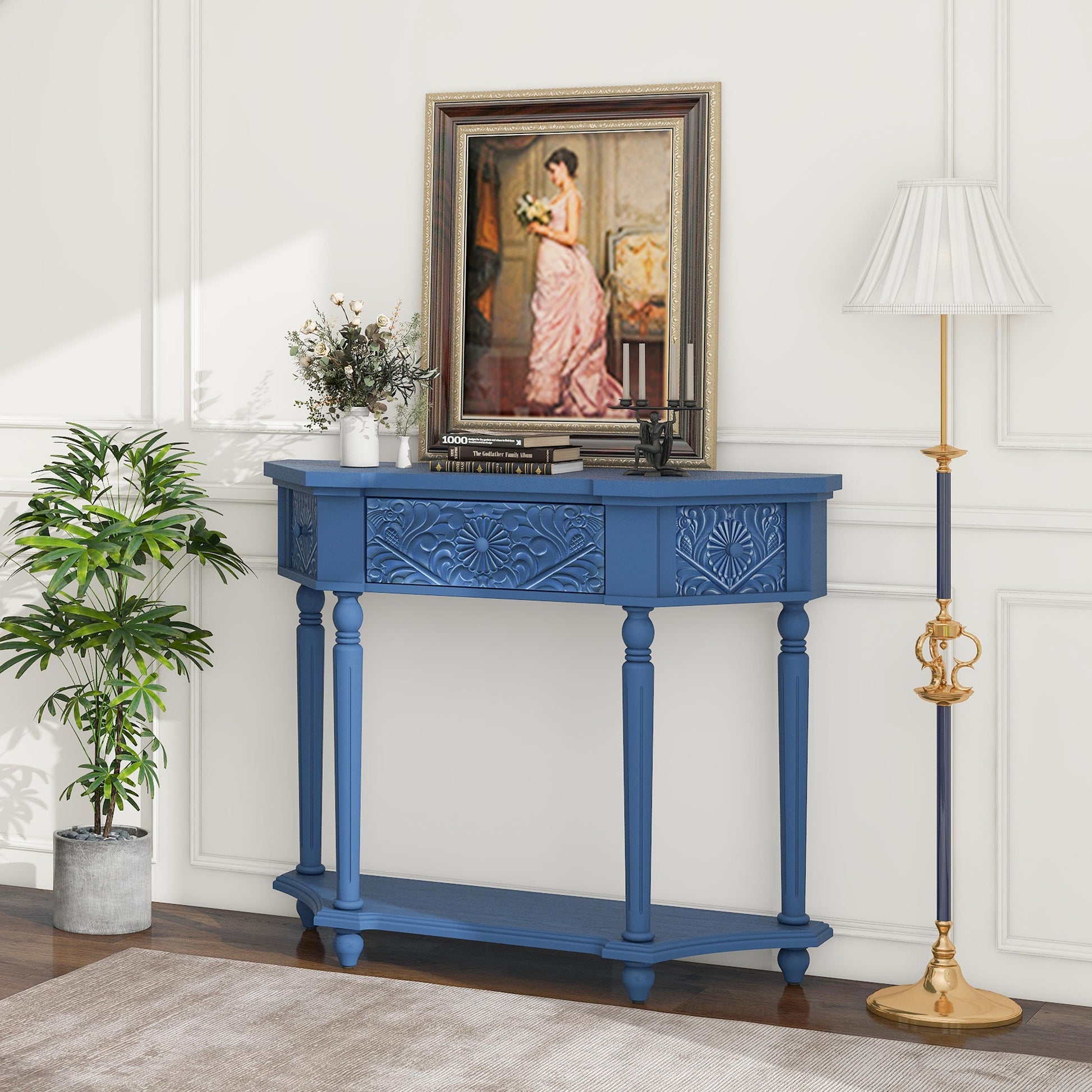 1 Drawer End Table,Side Table,Elegant Carved 1 Drawer End Table For Living Room Bed Room Study Entryway Navy Blue American Design Mdf