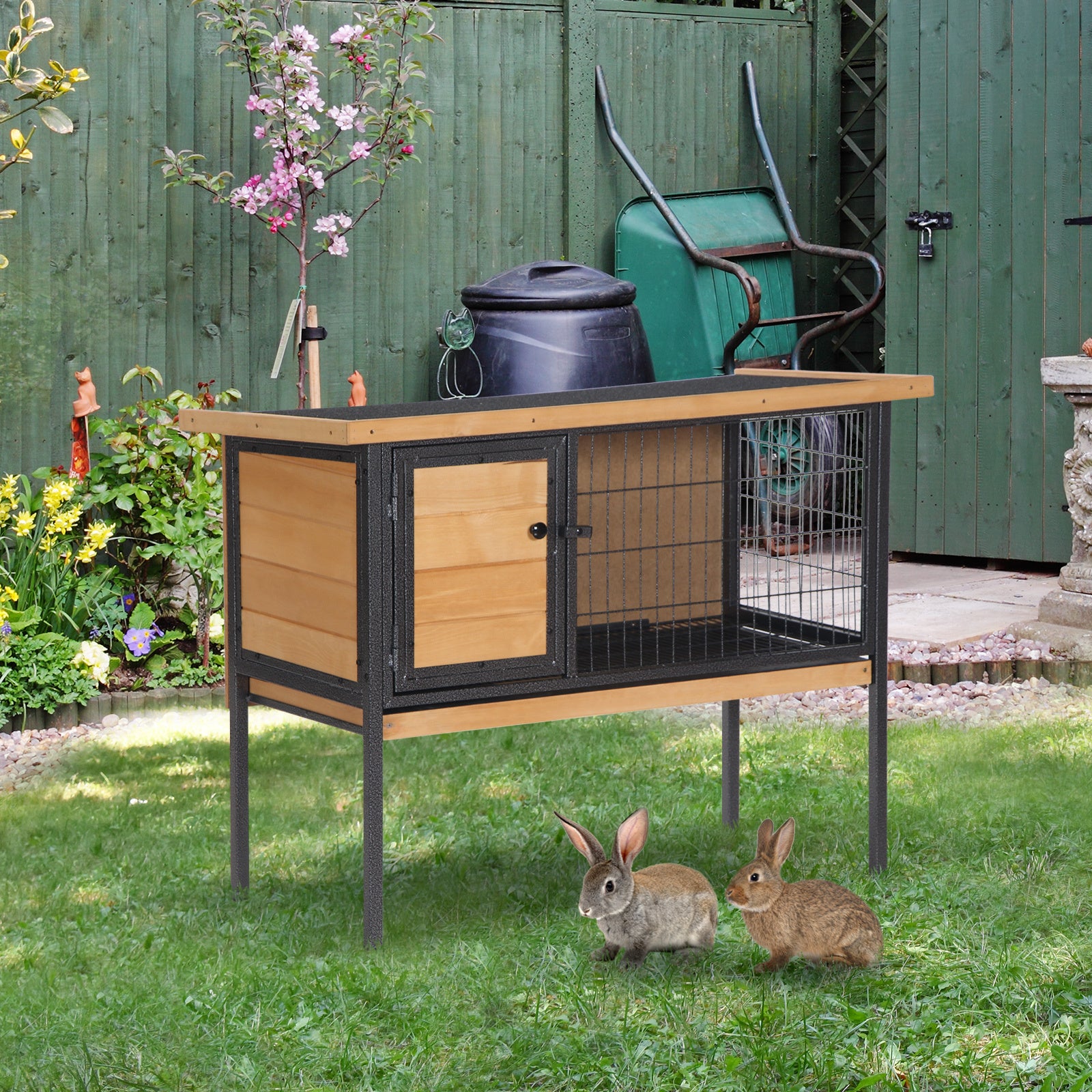 Pawhut Rabbit Hutch Elevated Bunny Cage Small Animal Habitat With Metal Frame, No Leak Tray, Mtetal Wire Pan And Openable Water Resistant Asphalt Roof For Indoor Outdoor Natural Wood Natural Wood Wood