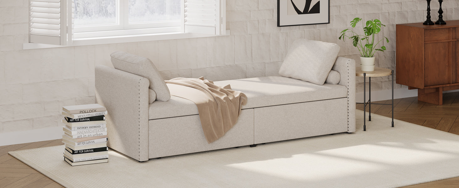 Modern Upholstered Chaise Lounger Daybed Small Single Daybed With 2 Drawers, No Mattress Needed, Perfect For Living Rooms & Home Office, Linen Fabric, Beige Beige Linen
