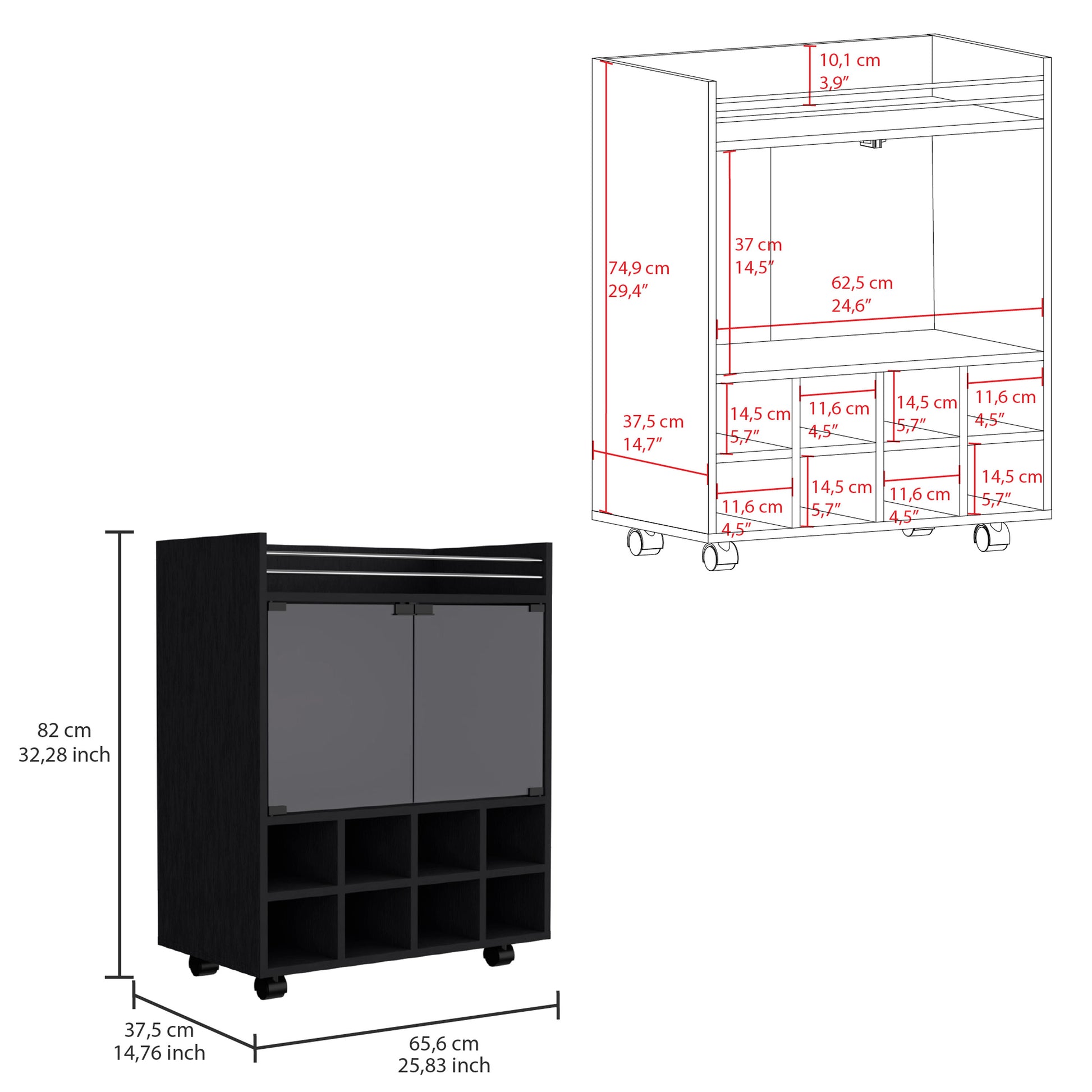 St Andrews Bar Cart With Built In 8 Bottle Rack, Double Glass Door Cabinet, And Aluminum Edged Top Surface Black Primary Living Space Modern Particle Board Engineered Wood