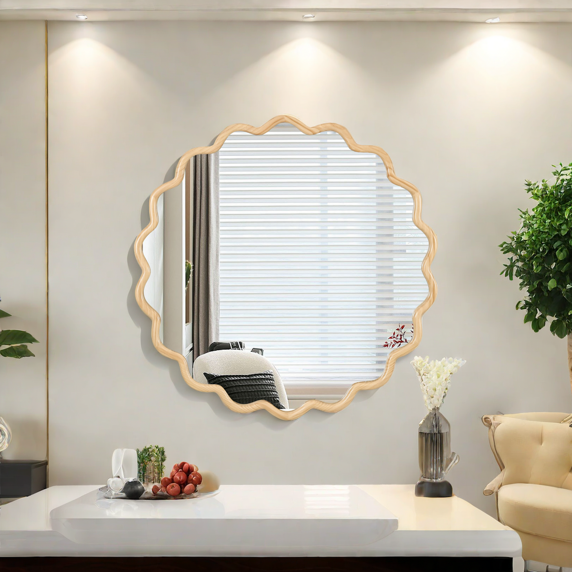 Solid Wood Wavy Mirror Natural Wood Vanity Mirror Wall Decor 42" X 42" Modern Mirror Wall Decor For Bathroom, Bedroom, Living Room, Dining Room, Cloakroom, Entryway Natural Wood Glass Solid Wood