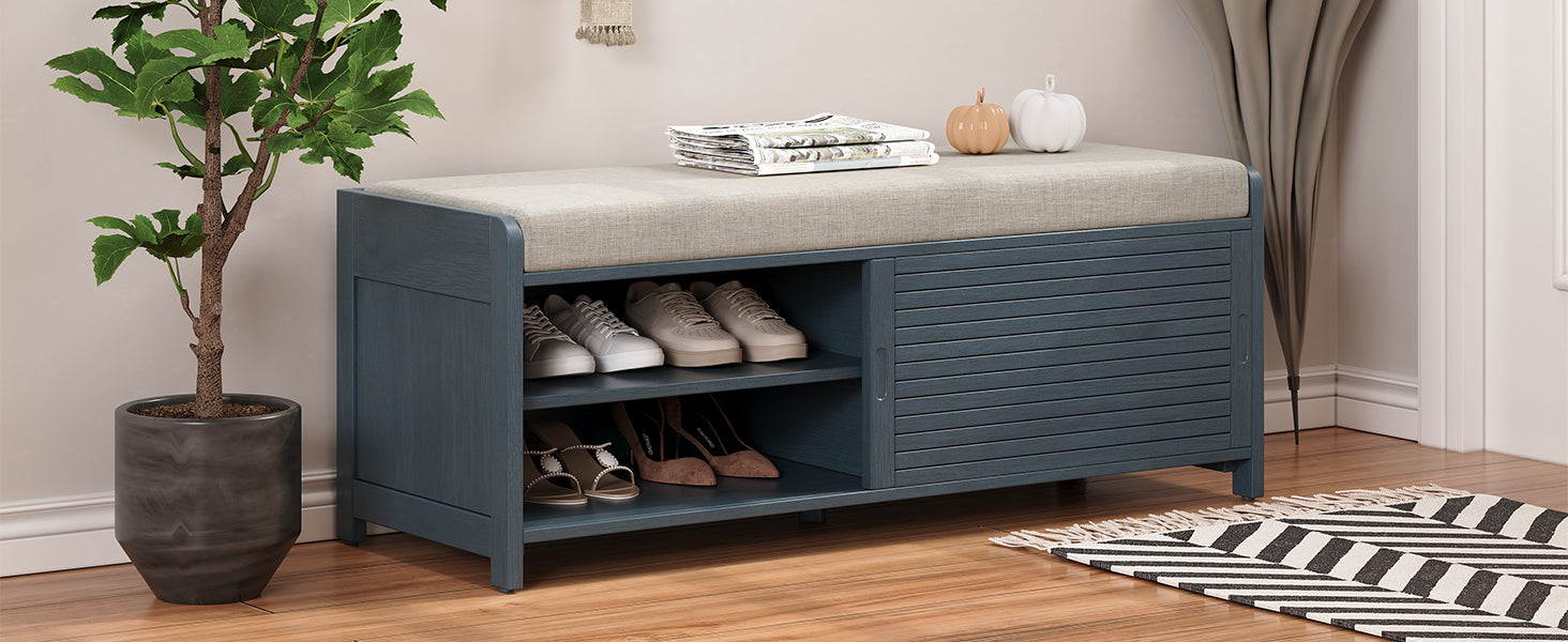Distressed Shutter Storage Bench With Acacia Veneer For Retro Charm For Living Room, Entryway Navy Navy Mdf