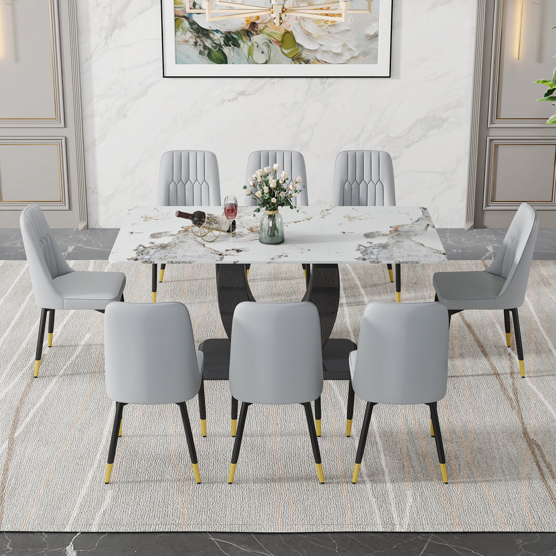 Table And Chair Set, Modern Dining Table, Patterned Table Top And Black Mdf Leg Table, Soft And Comfortable Dining Chair, Perfect For Dinner, Meetings, Home And Office Decor Grey Black Mdf Glass