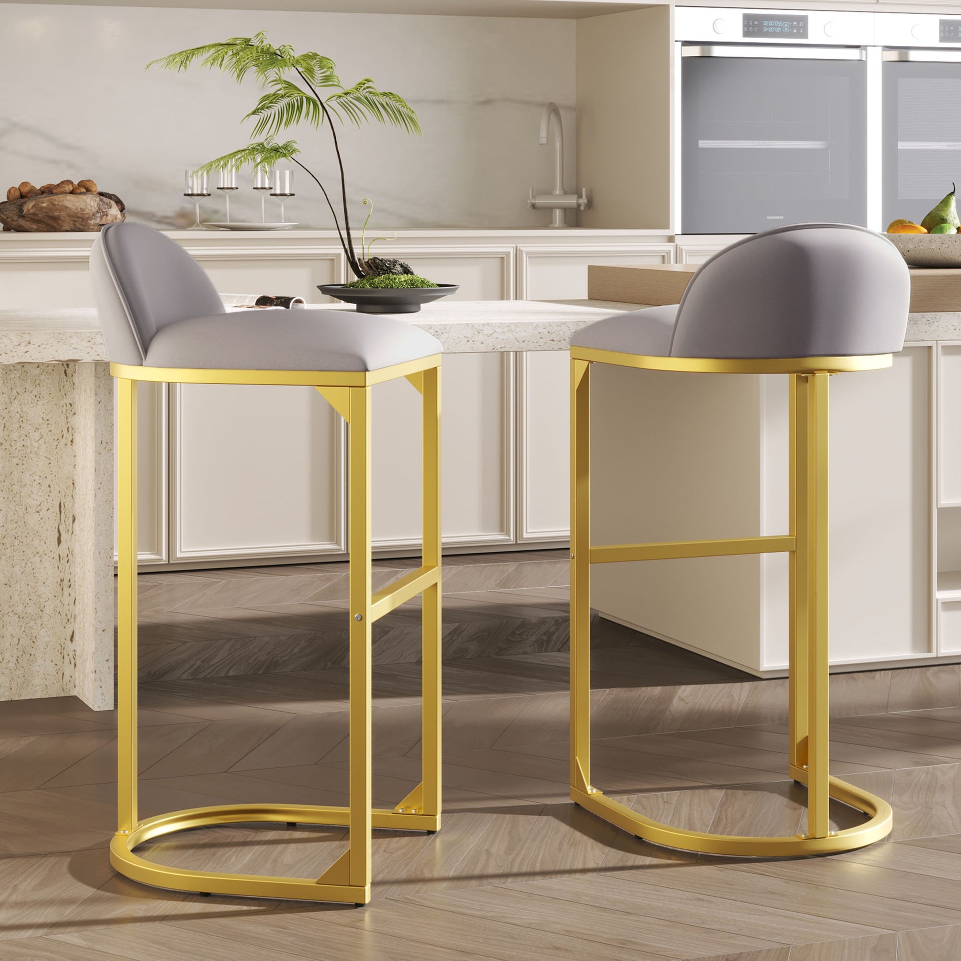 4 Pieces Bar Stools, 30" Counter Height Bar Stools Modern Luxury Bar Stools With Footrest, Upholstered Velvet Counter Stool Chairs For Kitchen Island Metal Grey Gold Dining Room Powder Coated Sponge Wipe Clean Rectangular Modern Bar Stools Set Of 4 Or
