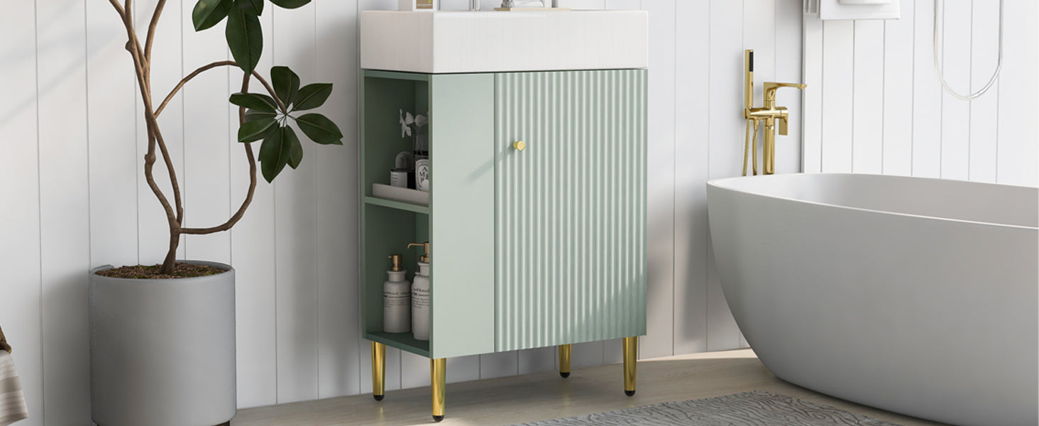 21.6" Green Bathroom Vanity, Combo Cabinet, Bathroom Storage Cabinet, Single Ceramic Sink, Left Side Storage Green Bathroom Ceramic Mdf