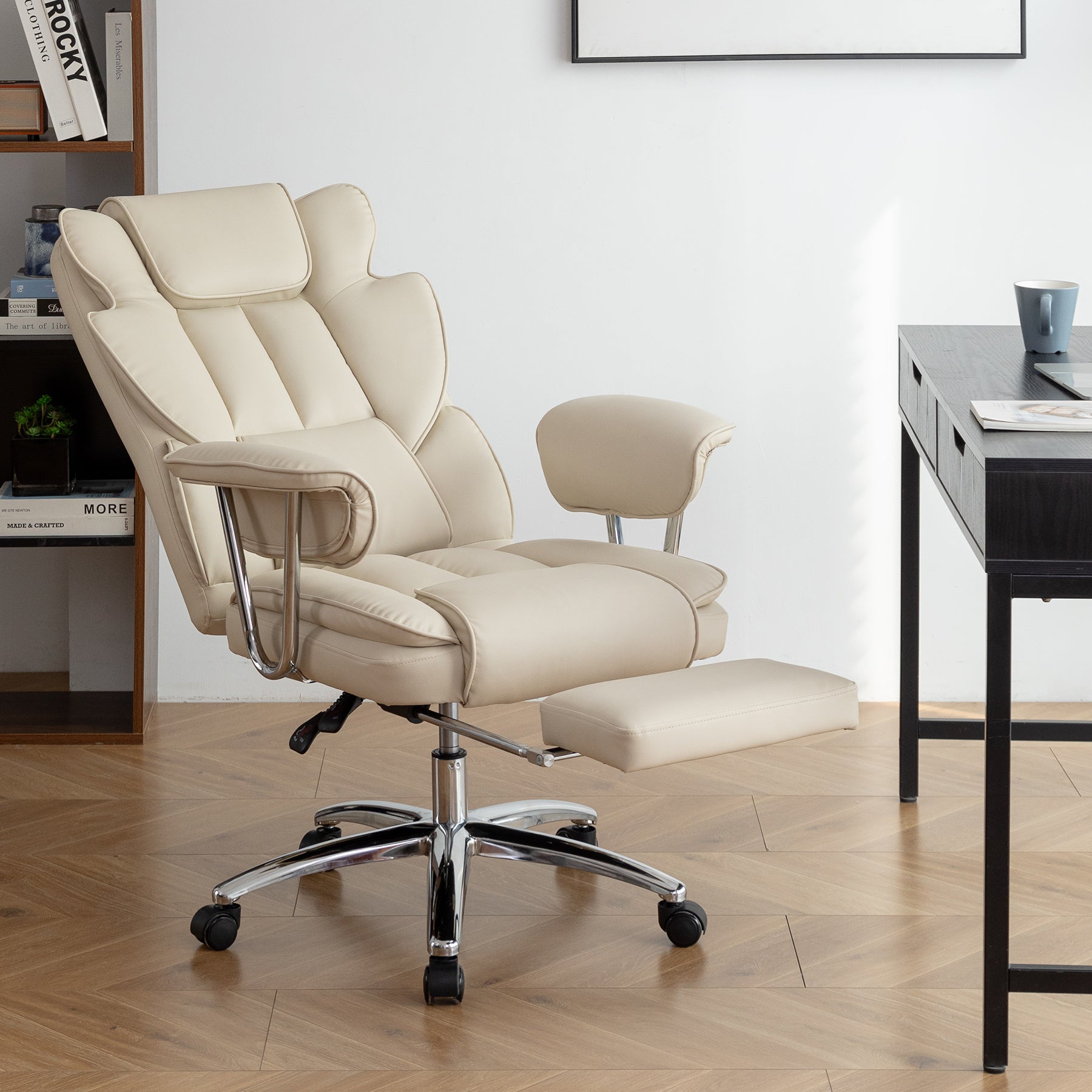 Office Chair, Big And Tall Executive Office Chair With Footrest, Leather Computer Chair, Ergonomic Reclining Chair High Back With Lumbar Support, Large Home Office Chair Beige Beige Pu Leather