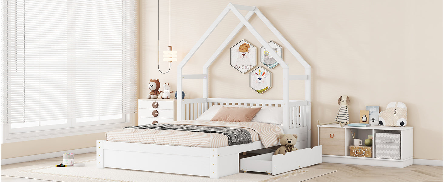 Wood Queen Size House Platform Bed With Guardrail And 2 Drawers, White Box Spring Not Required Queen White Wood Bedroom Bed Frame Solid Wood Mdf