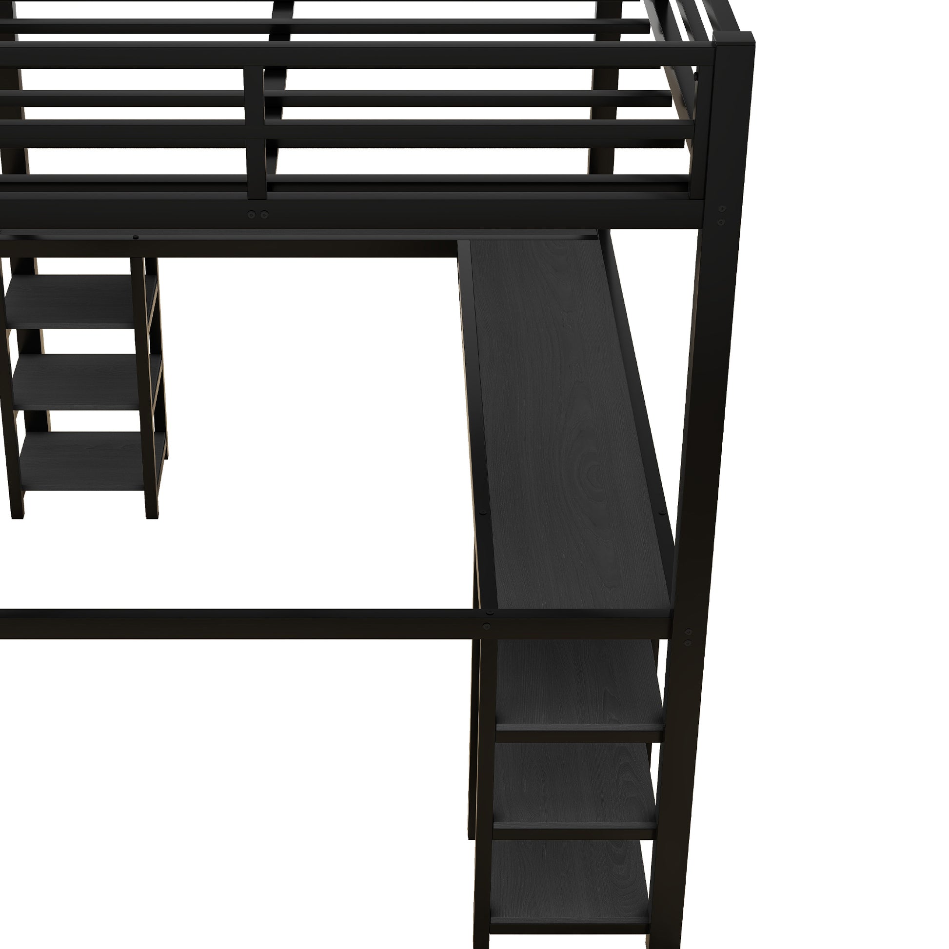 Full Metal Loft Bed With Desk And Shelves, Loft Bed With Ladder And Guardrails, Loft Bed Frame For Bedroom, Black With Black Desk Full Black Metal