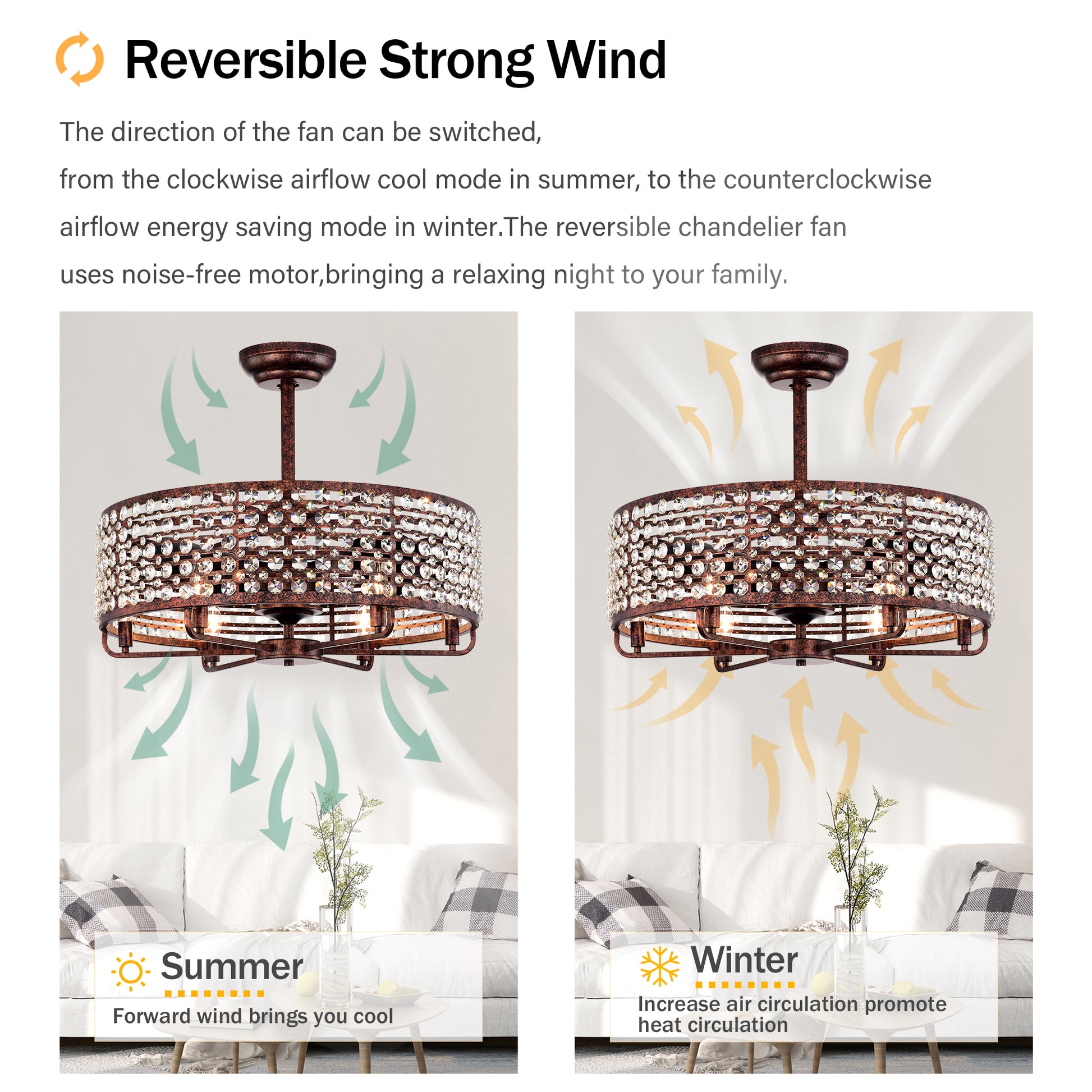 Dia 26.8 Inch Chandelier Ceiling Fan ,Crystal Shade Ceiling Fan With Remote Control,3 Abs Blade 4 Light No Include Bulb Rustic Brown American Design,American Traditional,Classic,Contemporary,Farmhouse Abs Metal