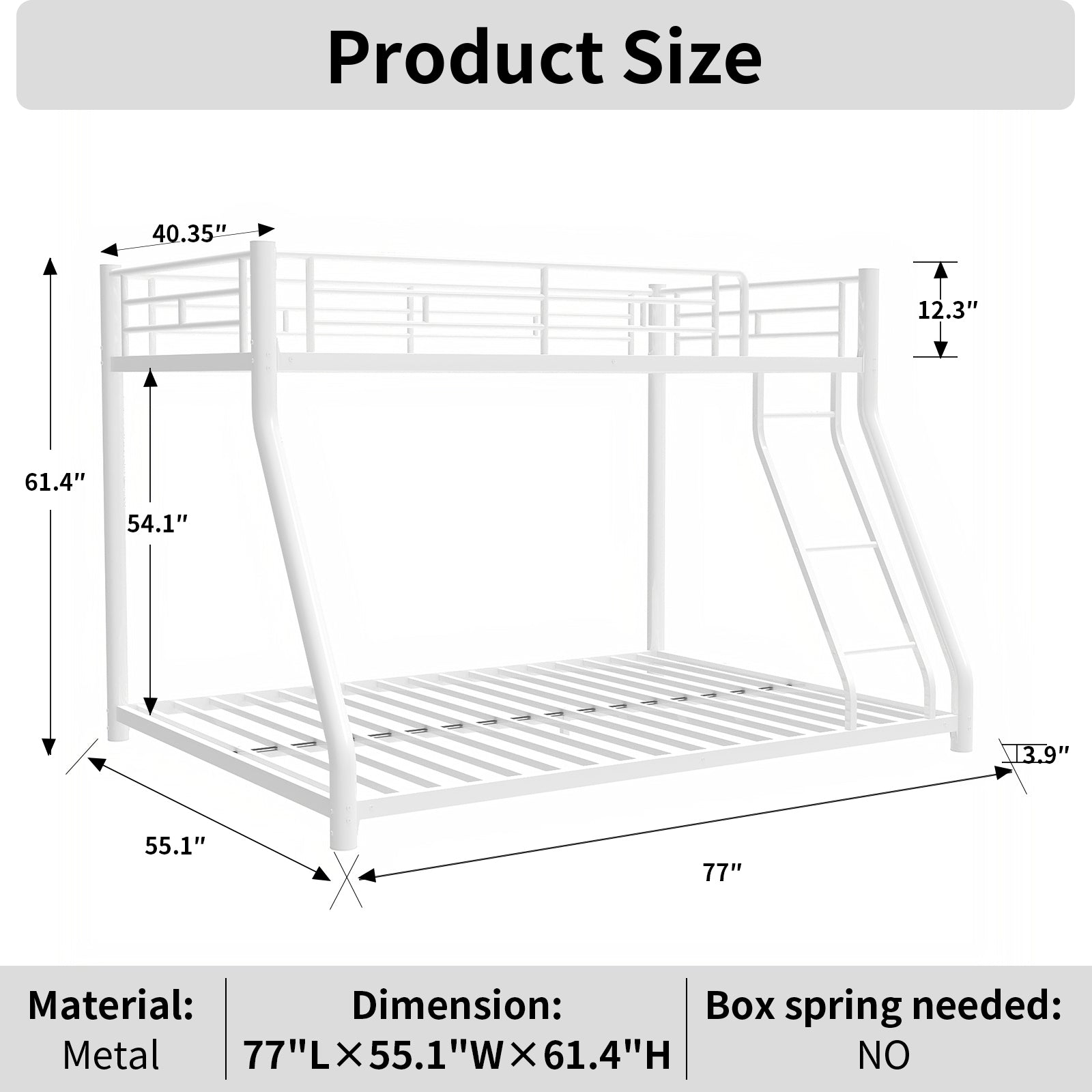 Metal Bunk Bed Twin Over Full Size With Removable Stairs, Heavy Duty Sturdy Frame With 12" Under Bed Storage For Teen & Adults, Teens, No Box Spring Needed, White Box Spring Not Required Full White Metal Bedroom Metal