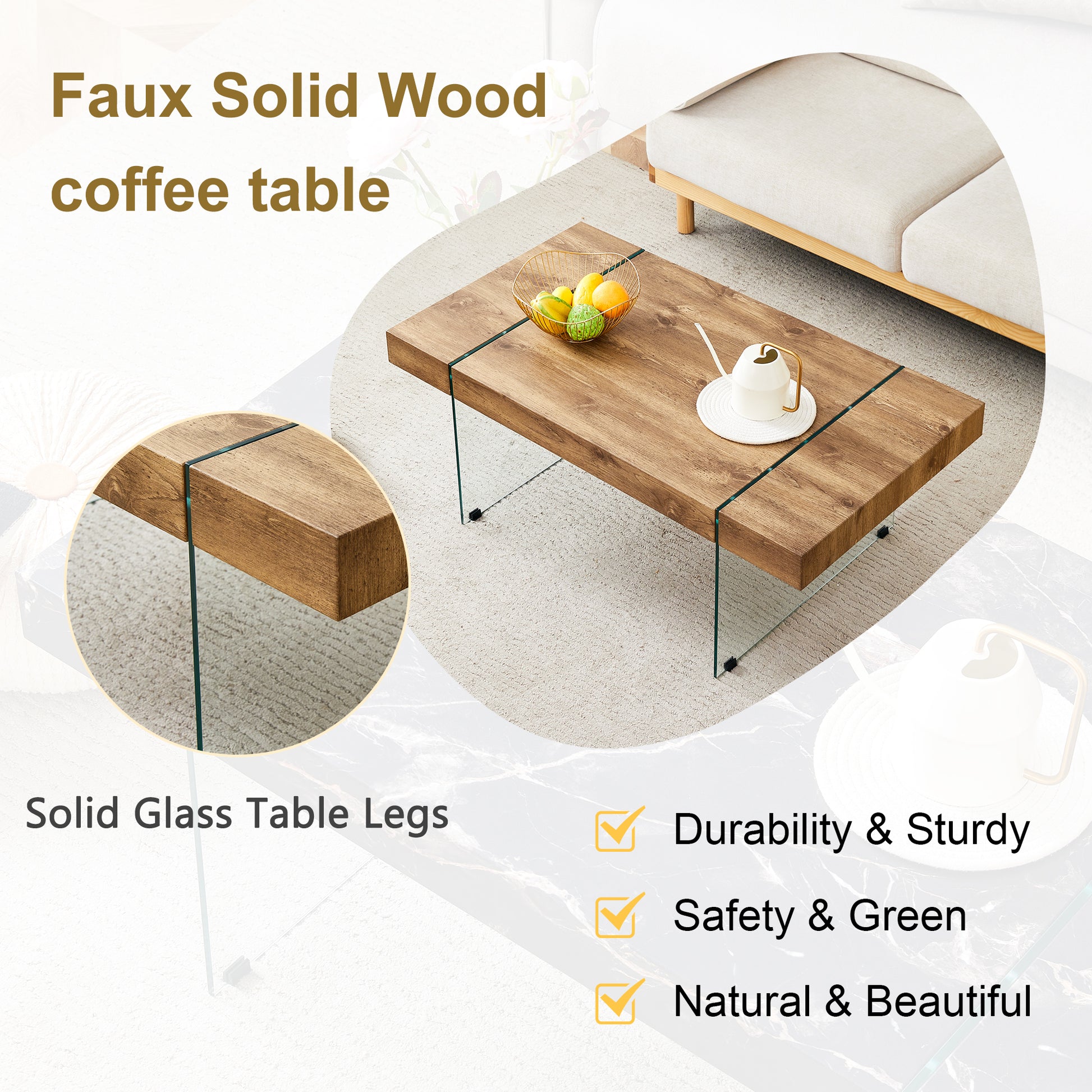 43.3"X23.6" Wood Colored Texture Sticker Mdf Coffee Table With Tempered Glass Legs.Suitable For Living Room.It Can Be Used Not Only As A Coffee Table But Also As A Side Table Or Display Stand. Wood