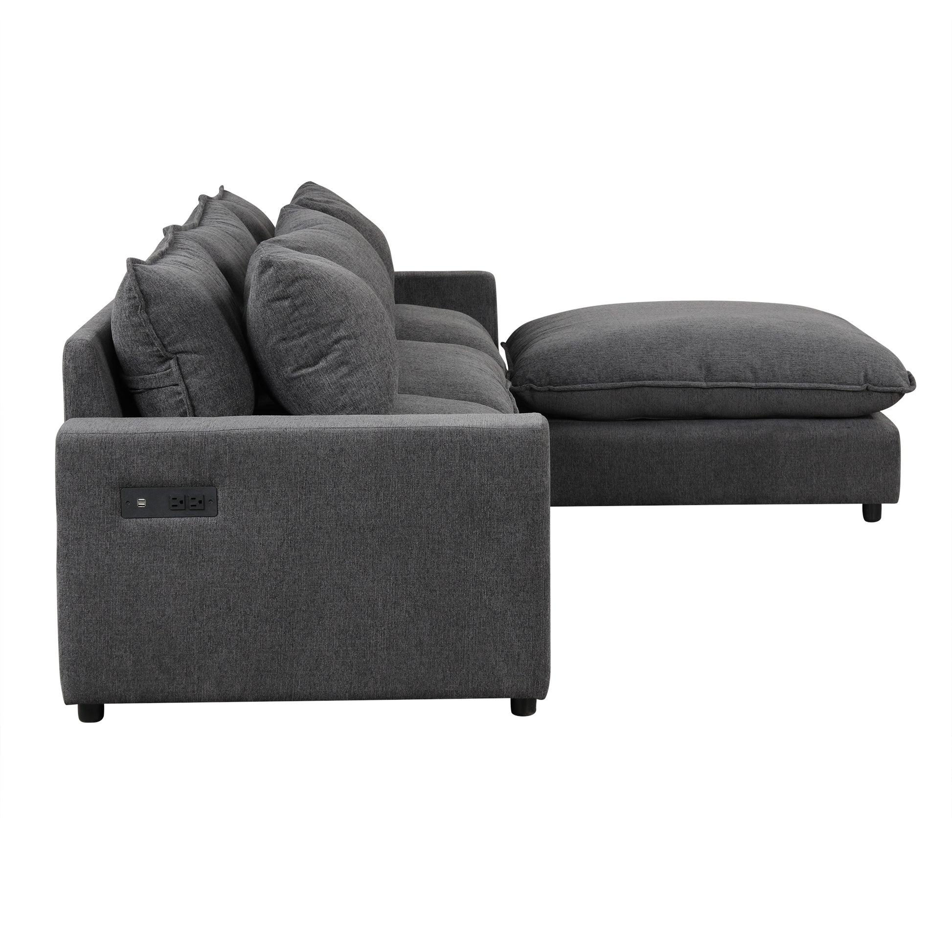 128" Sectional Sofa Cloud Sofa Chenille Upholstered Sofa Couch With Movable Ottoman, Comfortable Seat Cushions, Charging Ports And Three Back Pillows For Living Room, Grey Grey Foam Chenille 4 Seat