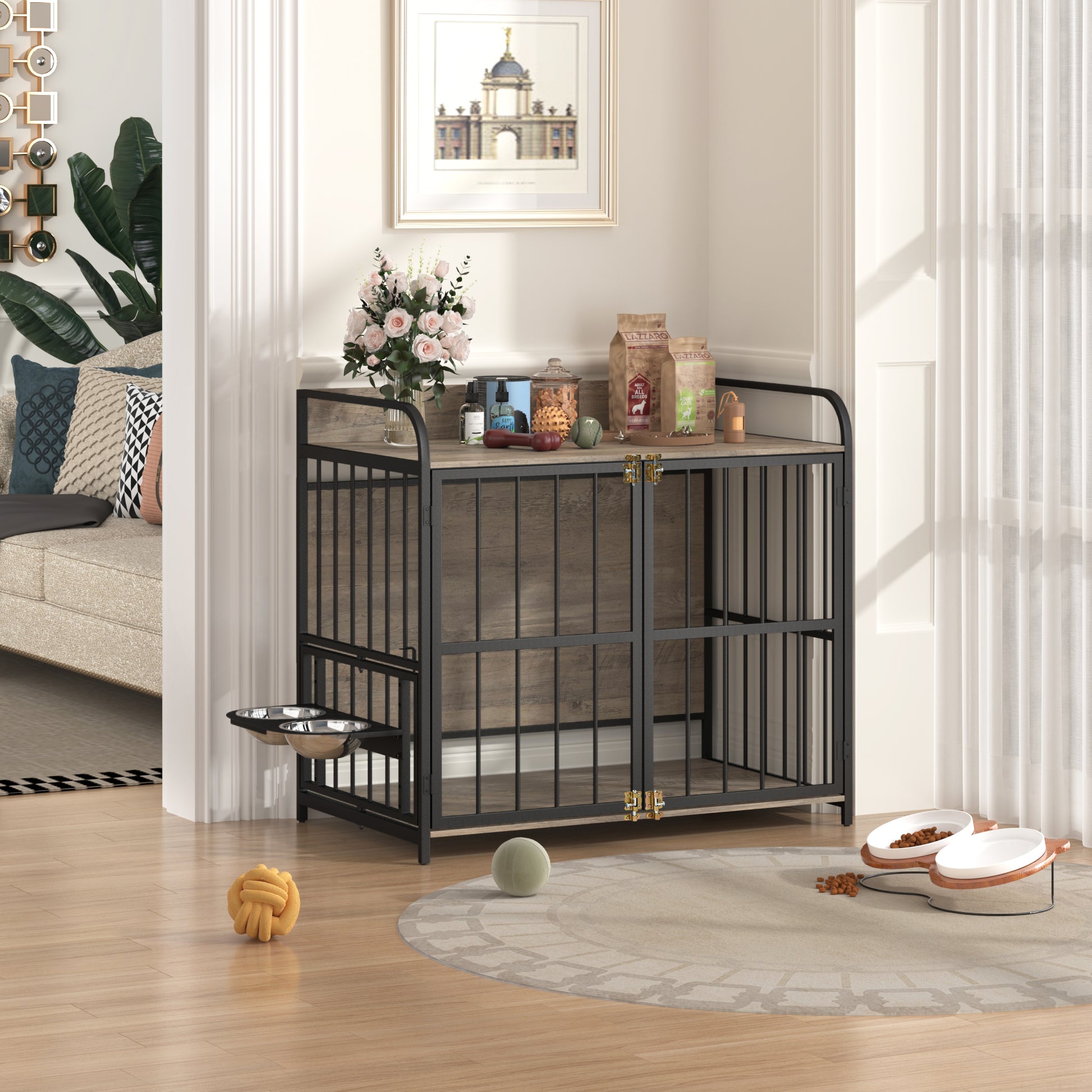 39'' Indoor Metal Dog Crate With Double Doors, Wooden Side End Table Crate, Dog Crate Furniture With Adjustable Feeder Stand, For Medium Dog, Gray Gray Dog Engineered Wood