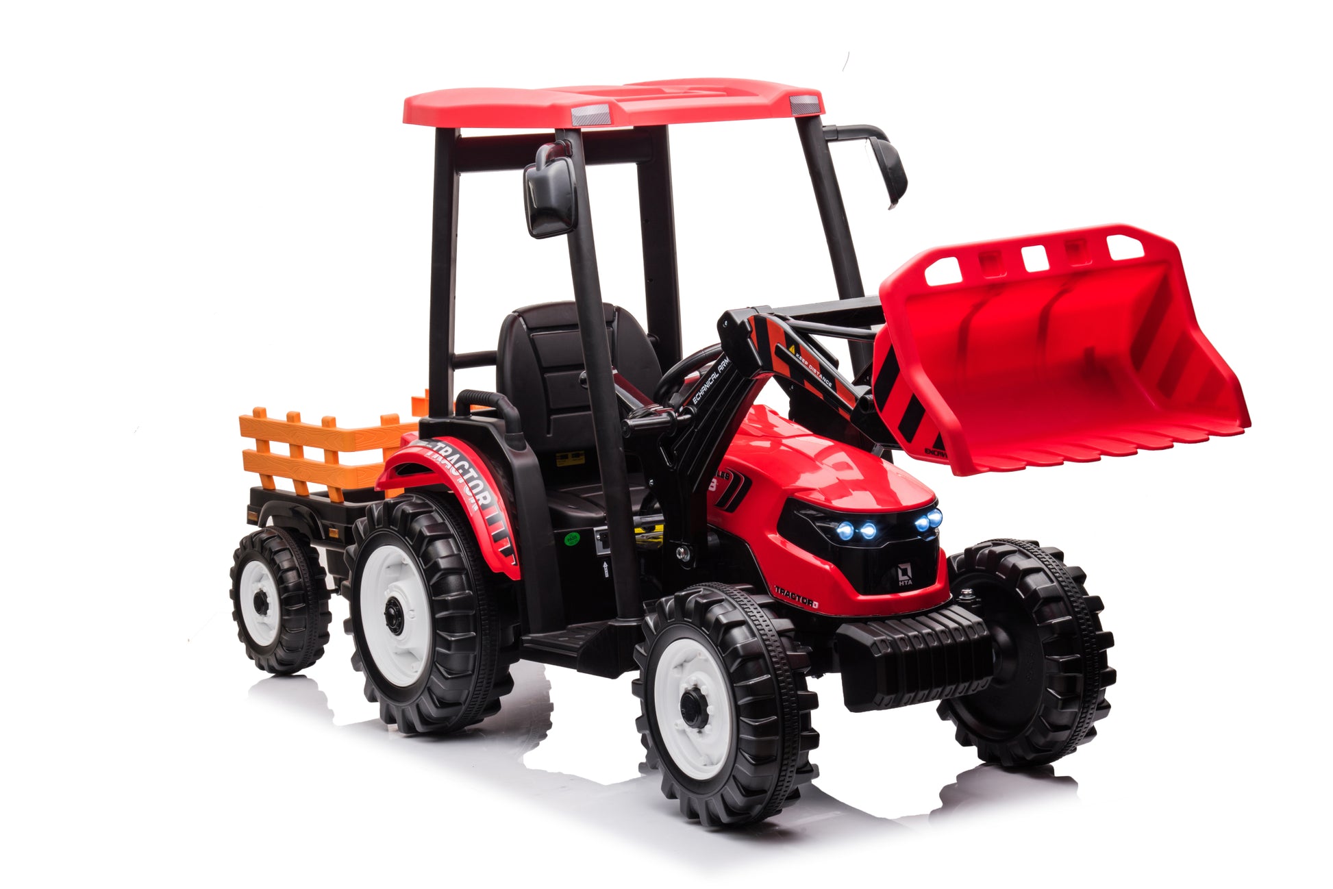 Pedal Tractors With Working Loader And Backhoe Digger, Kids' Ride On Car Toys 24V Battery Powered Electric Vehicles With Trailer, Digger For Toddlers Red Red Plastic