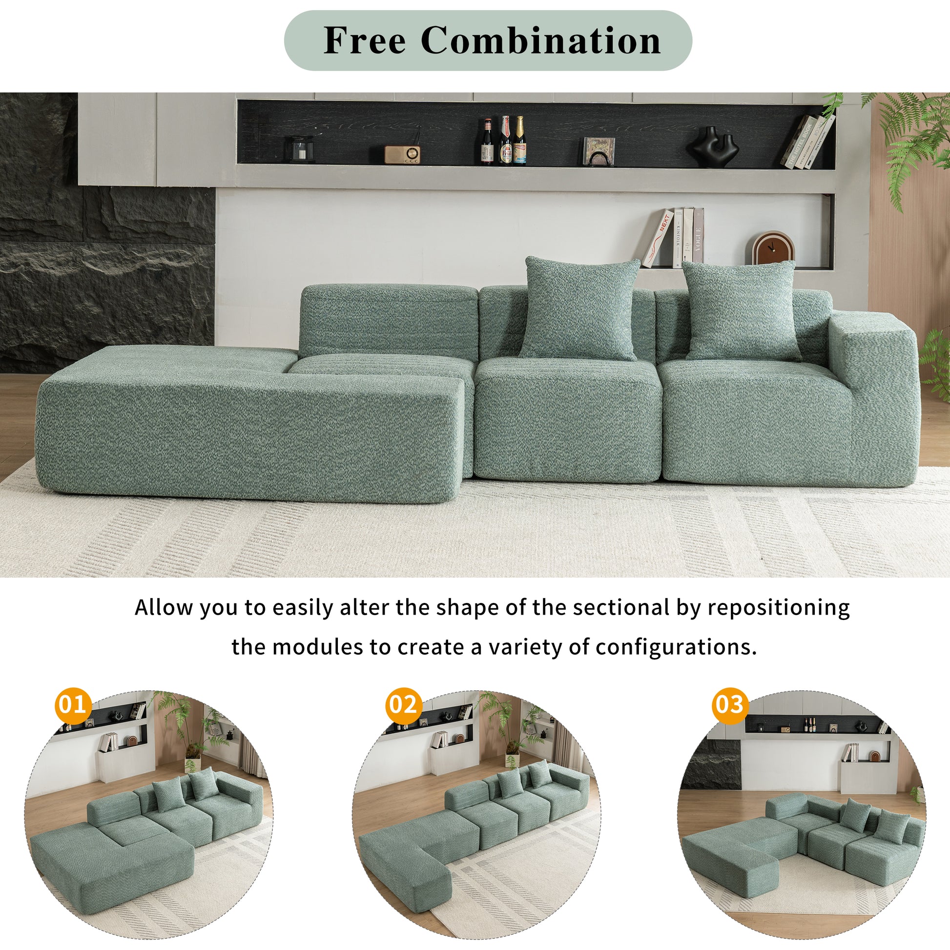 116.5" Sectional Sofa Full Compressed Sofa Couch Free Combined Sofa For Living Room, Green Green Foam Polyester 4 Seat