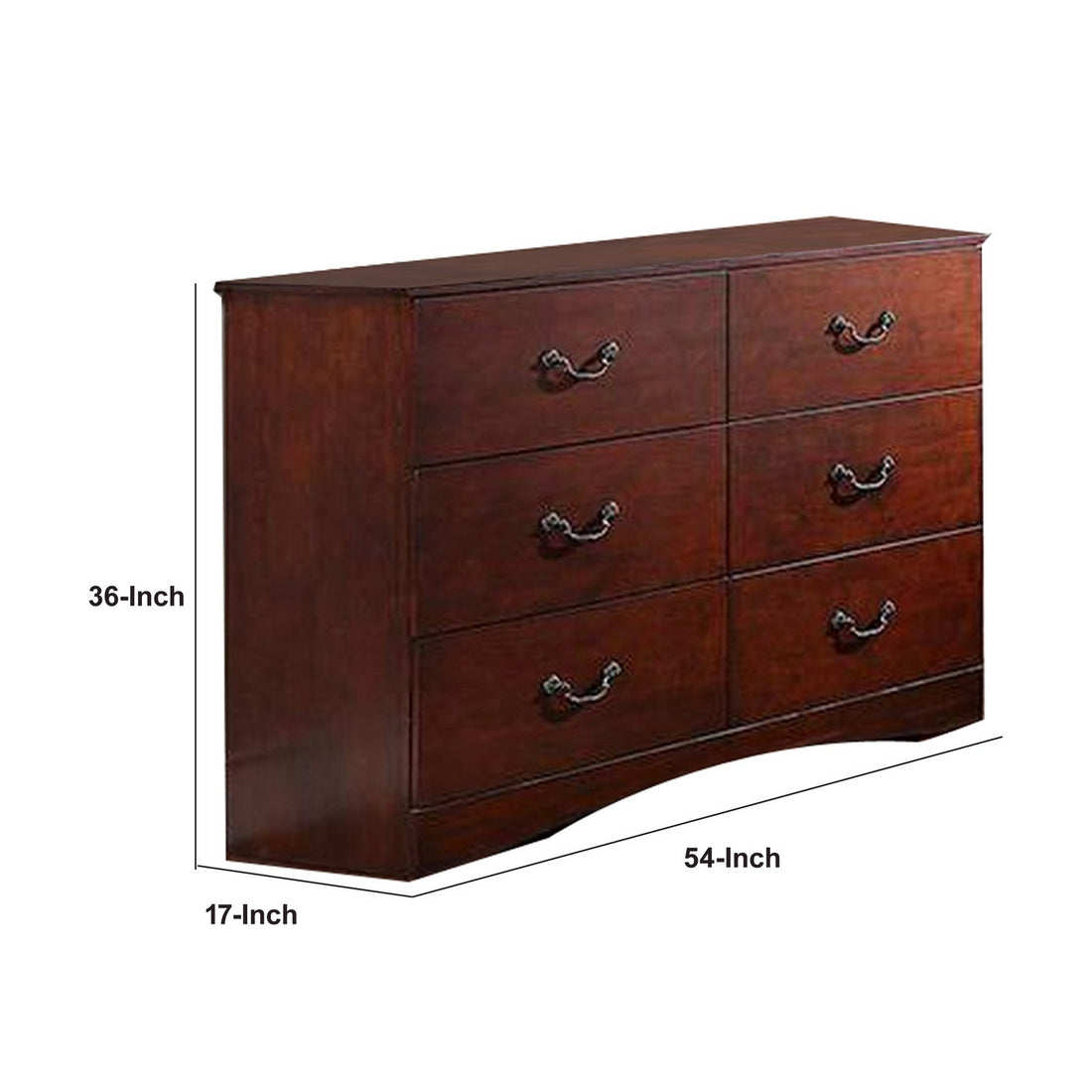 Bran 54 Inch 6 Drawer Dresser, Pine Wood, Grain Details, Cherry Brown Brown Wood