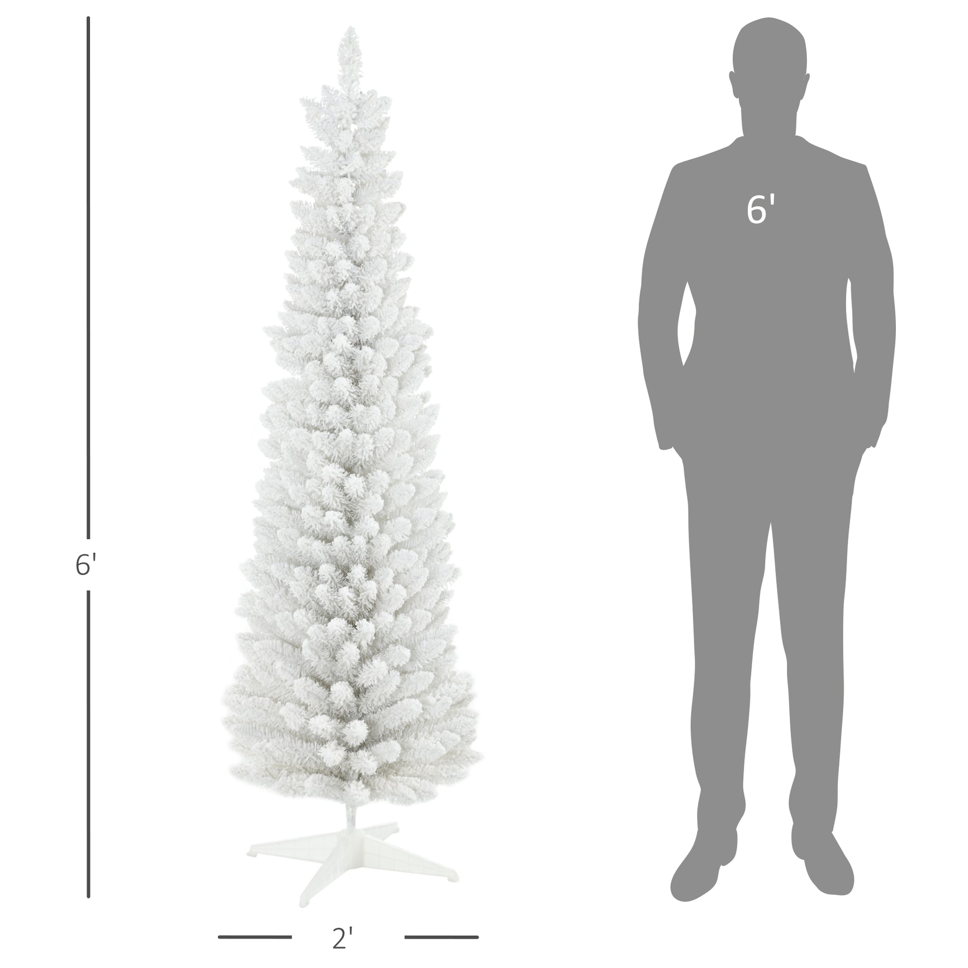 Homcom 6' Snow Flocked Artificial Pencil Christmas Tree, Slim Xmas Tree With Realistic Branches And Plastic Base Stand For Indoor Decoration, White White Plastic