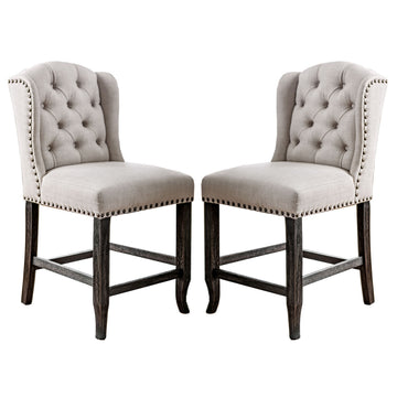 Wooden Counter Height Wingback Chair, Ivory And Black Set Of 2 Antique Gray Wood Fabric