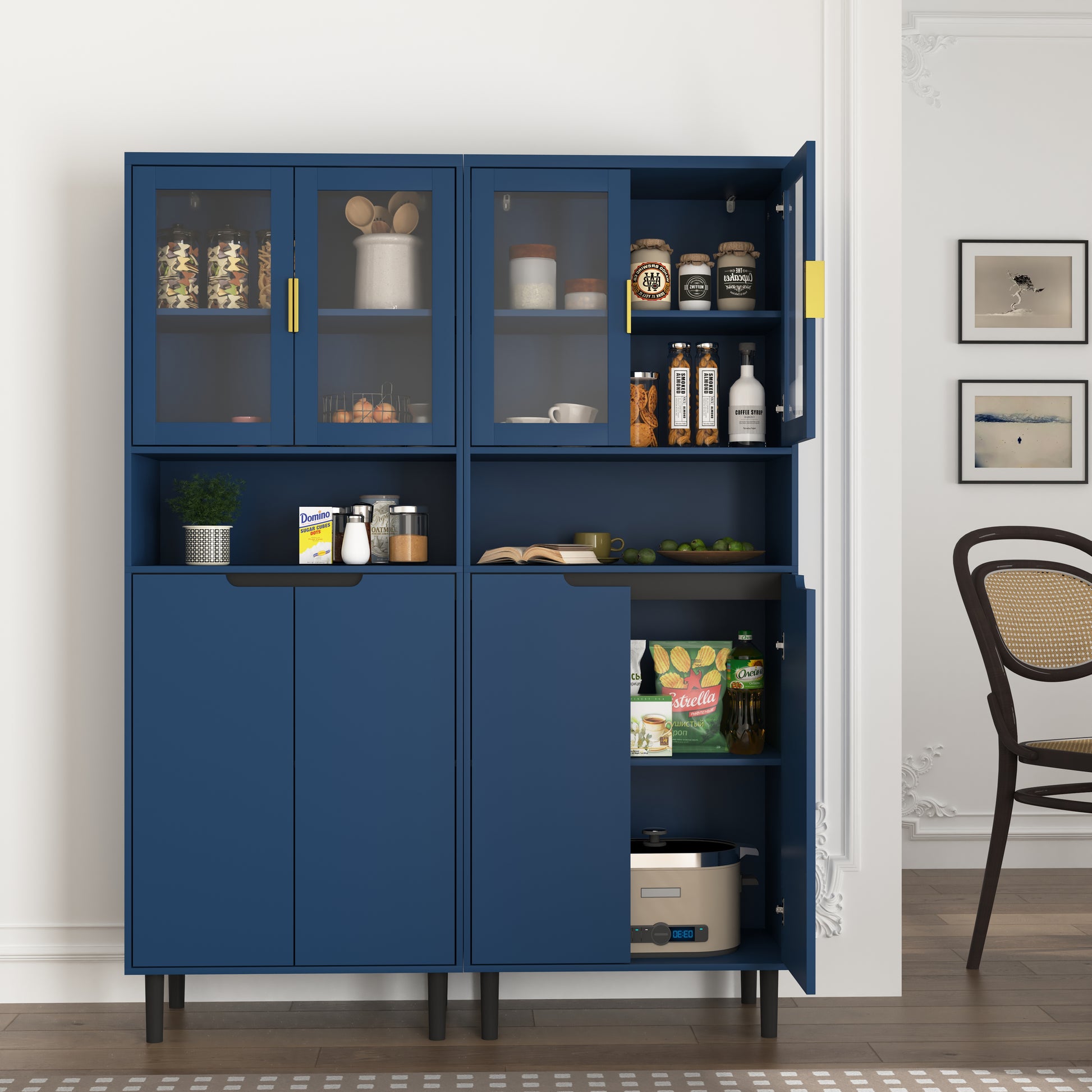 Tall Storage Show Cabinet With 2 Glass Display Door & 2 Doors, Tall Kitchen Pantry Cabinet With Gold Handles, Modern Cabinet Freestanding For Bathroom, Dining Living Room, Blue Blue Mdf