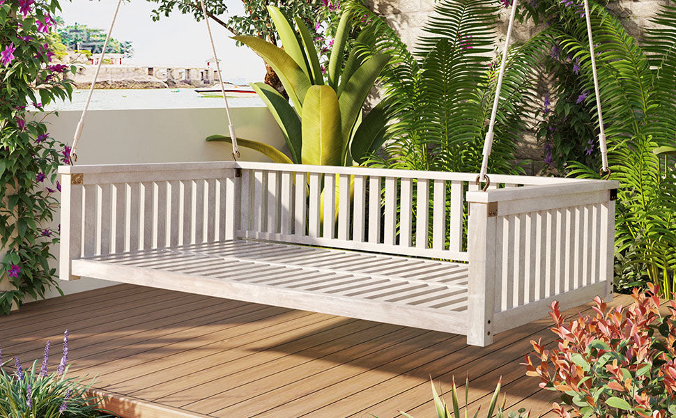 Patio Minimalist Twin Size Garden Swing Bed Wood Porch Swing With Ropes For Backyard, Safe Sloped Design, White White Weather Resistant Frame Garden & Outdoor Minimalist 2 Person Seating Group