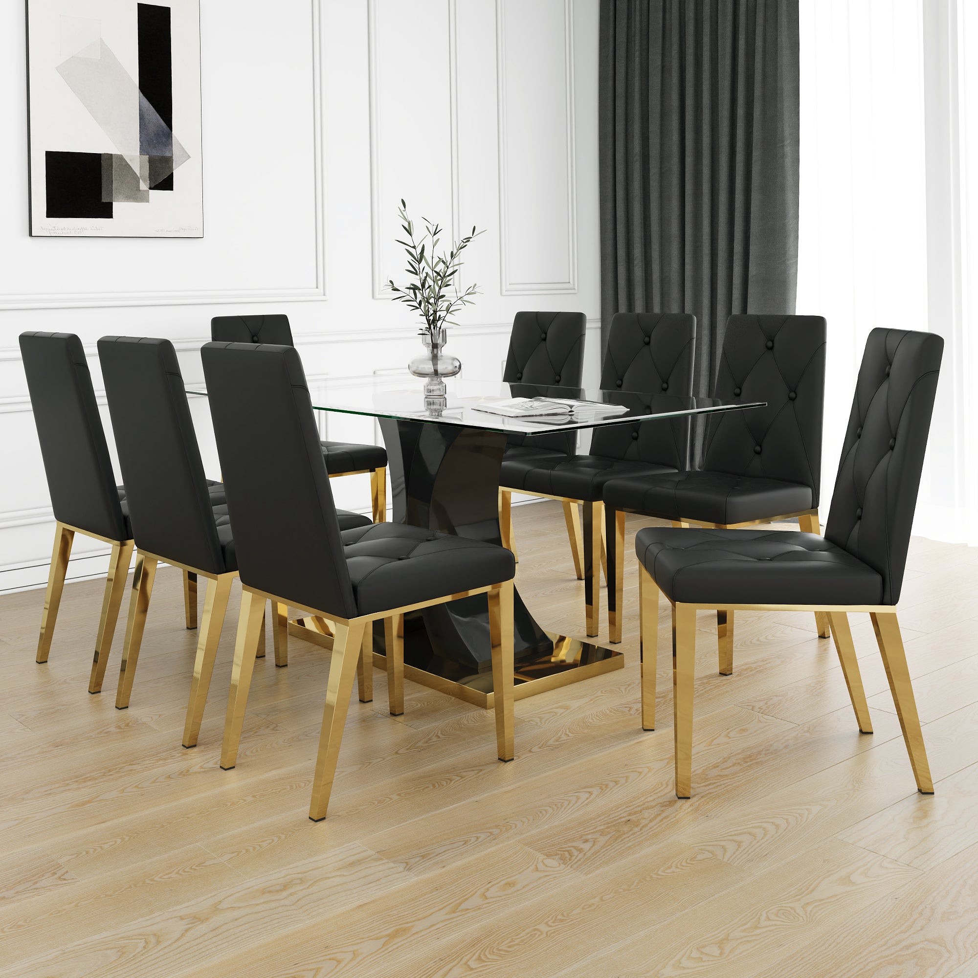 Modern Style Glass Dining Table, Elegant Transparent Design, Solid Support Base, Black Dining Chair Set, Gold Plated Chair Legs, Suitable For Restaurant Kitchens Set Of 9 Metal Gold Black Mdf Glass