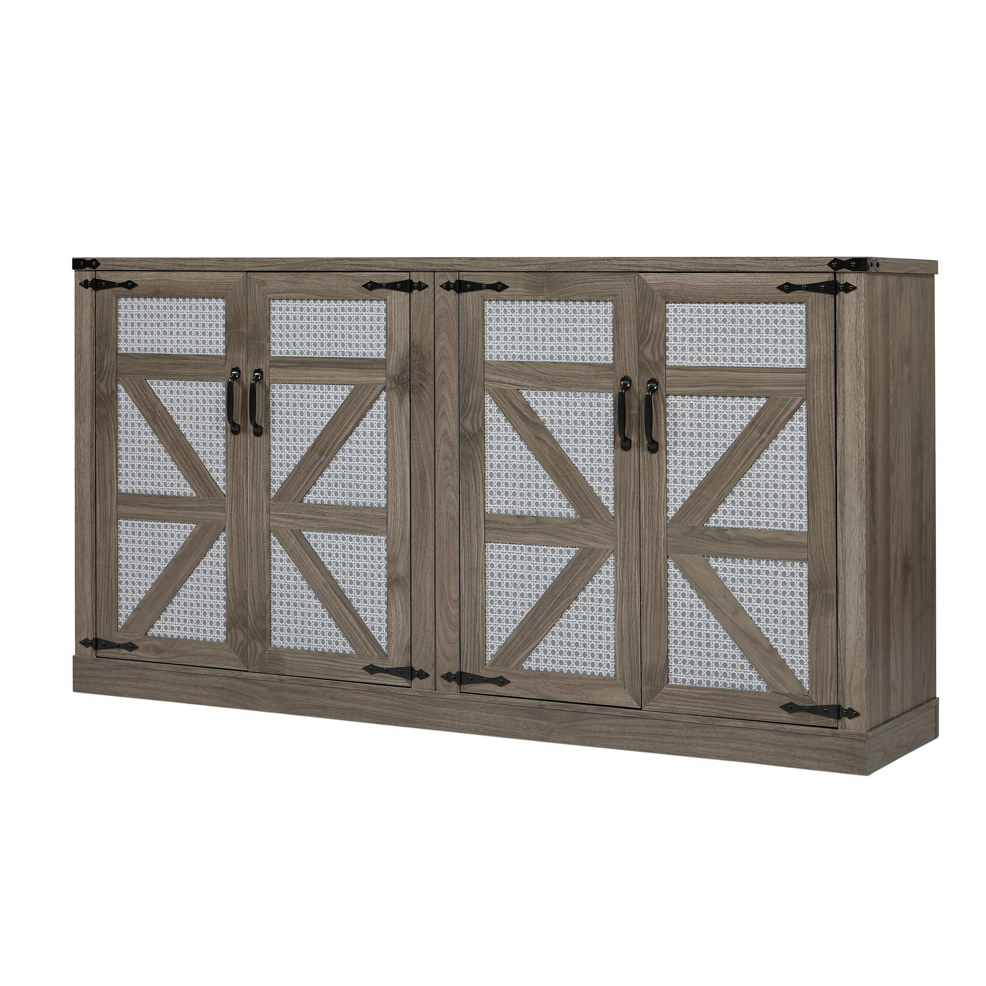 65 Inch Slate Gray Faux Rattan Sideboard With Barn Doors Rustic Sideboard, 4 Door Storage For Living Room, Entryway, Bedroom, Dining Room Stone Gray Particle Board Mdf