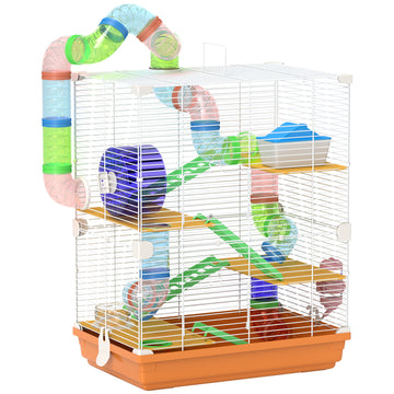 Pawhut 18" 5 Tier Hamster Cage With Tubes And Tunnels, Small Animal Cage With Portable Carry Handle, Gerbil Cage With Water Bottle, Food Dish, Exercise Wheel, Orange Orange Metal