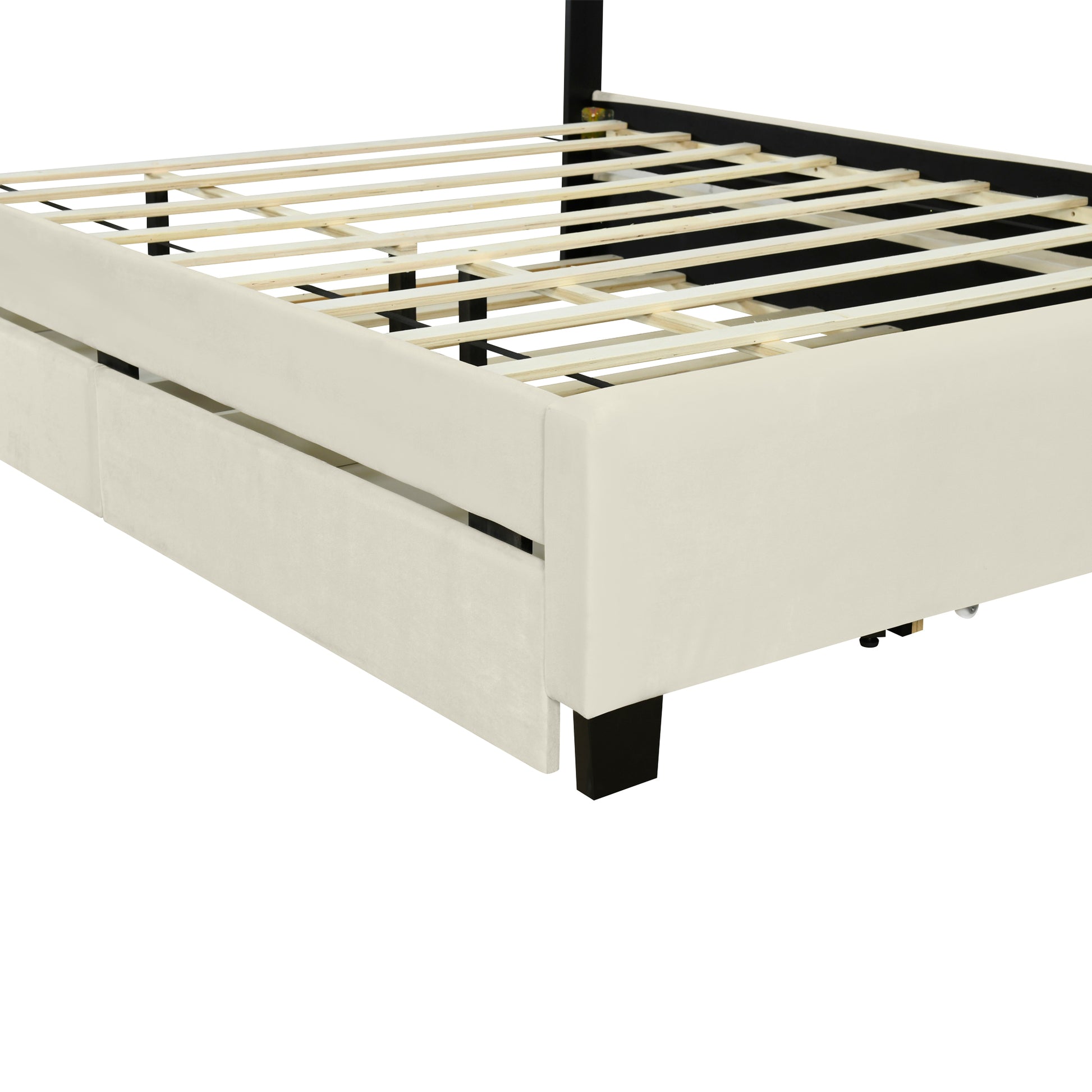 Queen Size Upholstered Platform Bed With Twill Headboard, Pullout Bed And Two Drawers, Flannel, Beige Queen Beige Mdf Lvl