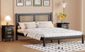 3 Pieces Bedroom Sets Queen Size Wooden Platform Bed With Natural Rattan Headboard, Nightstands Set Of 2 With Rattan Woven Surfaces And Three Drawers For Bedroom, Black Black Particle Board