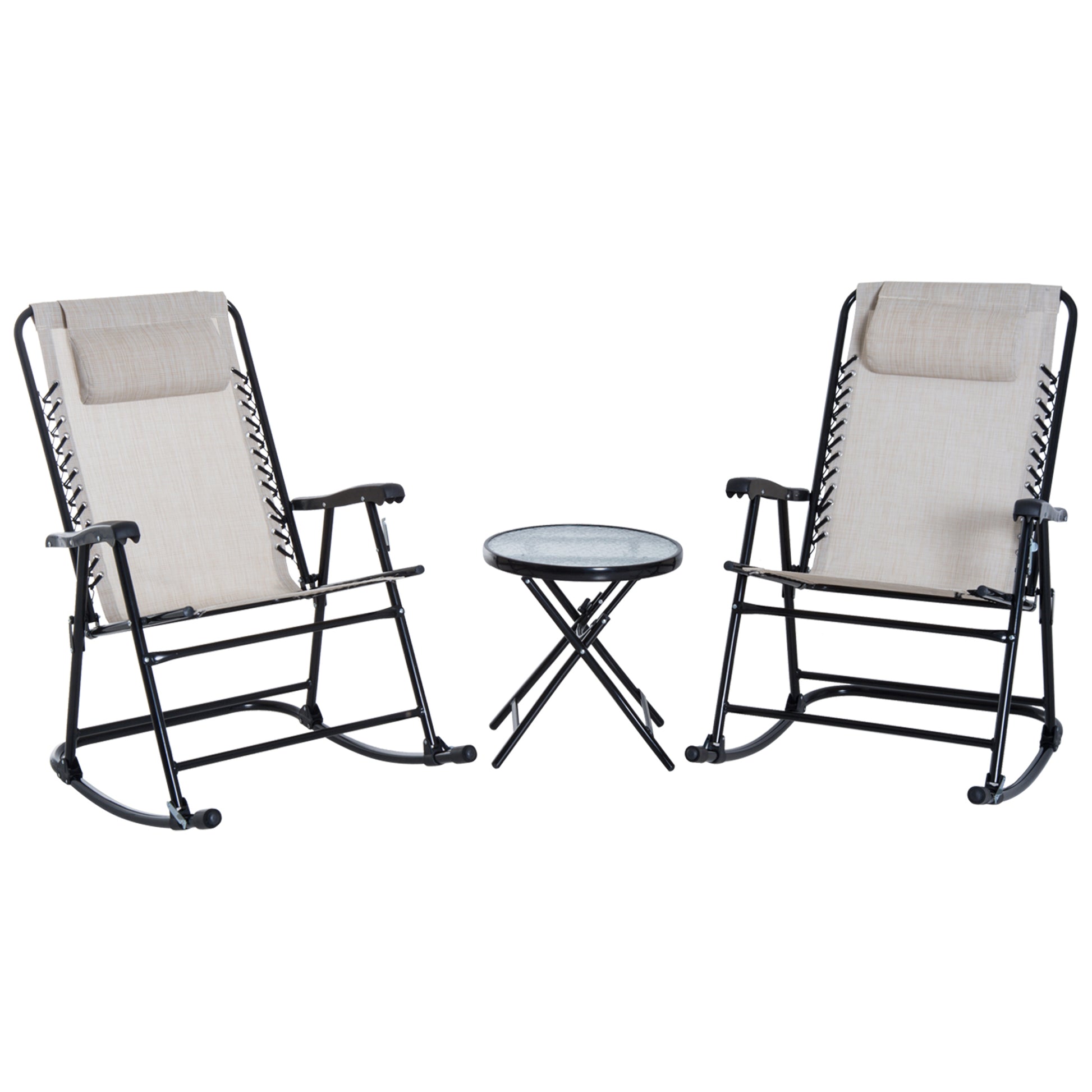 Outsunny 3 Piece Outdoor Rocking Chair Set, Patio Folding Lawn Rocker Set With Glass Coffee Table, Headrests For Yard, Patio, Deck, Backyard, Cream White Cream White Fabric