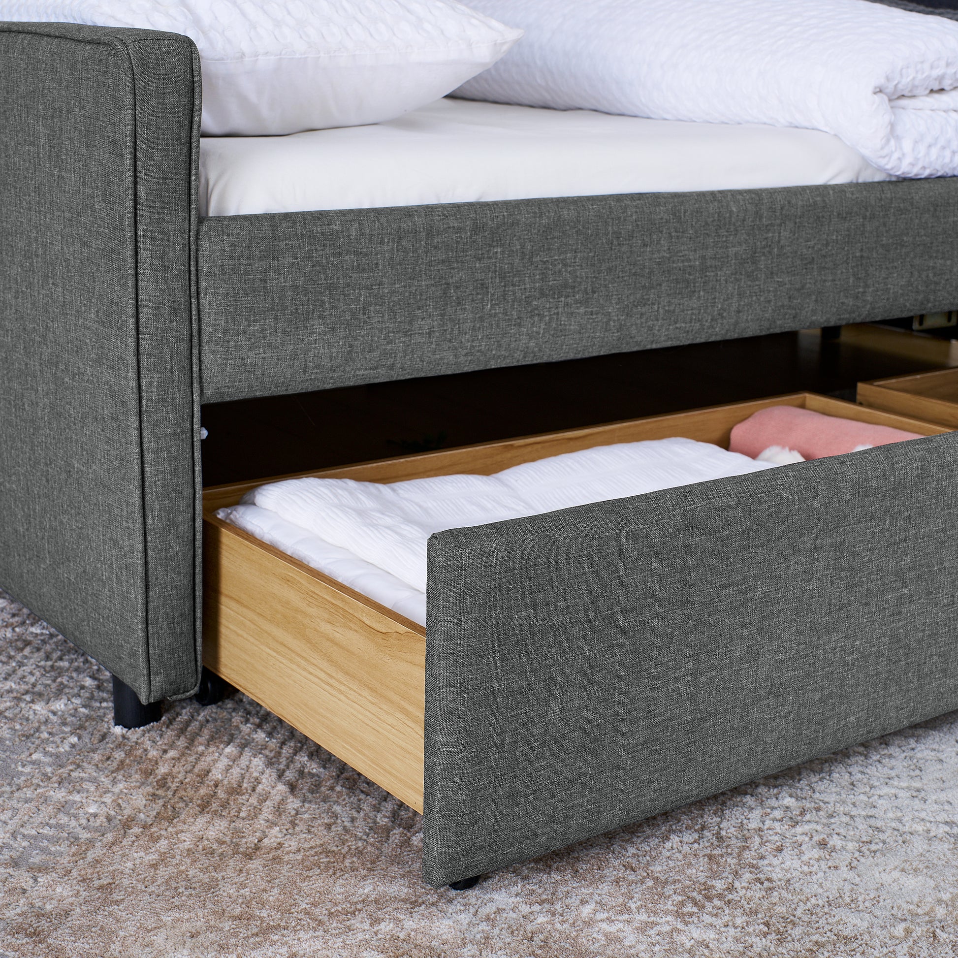 Twin Size Upholstery Sofa Bed With Three Led Lights, With Storage Adjustable Headboard, With Two Storage Pull Up Drawers And Wireless Charging, Linen Padded Sofa Bed Frame, Grey Box Spring Not Required Twin Grey Composite Bedroom Classic Eucalyptus Foam