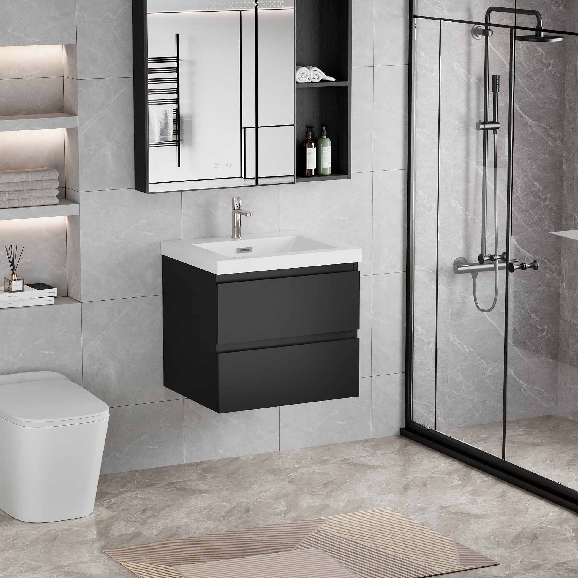 24" Floating Bathroom Vanity with Sink, Modern Wall 2-black-wall mounted-mdf