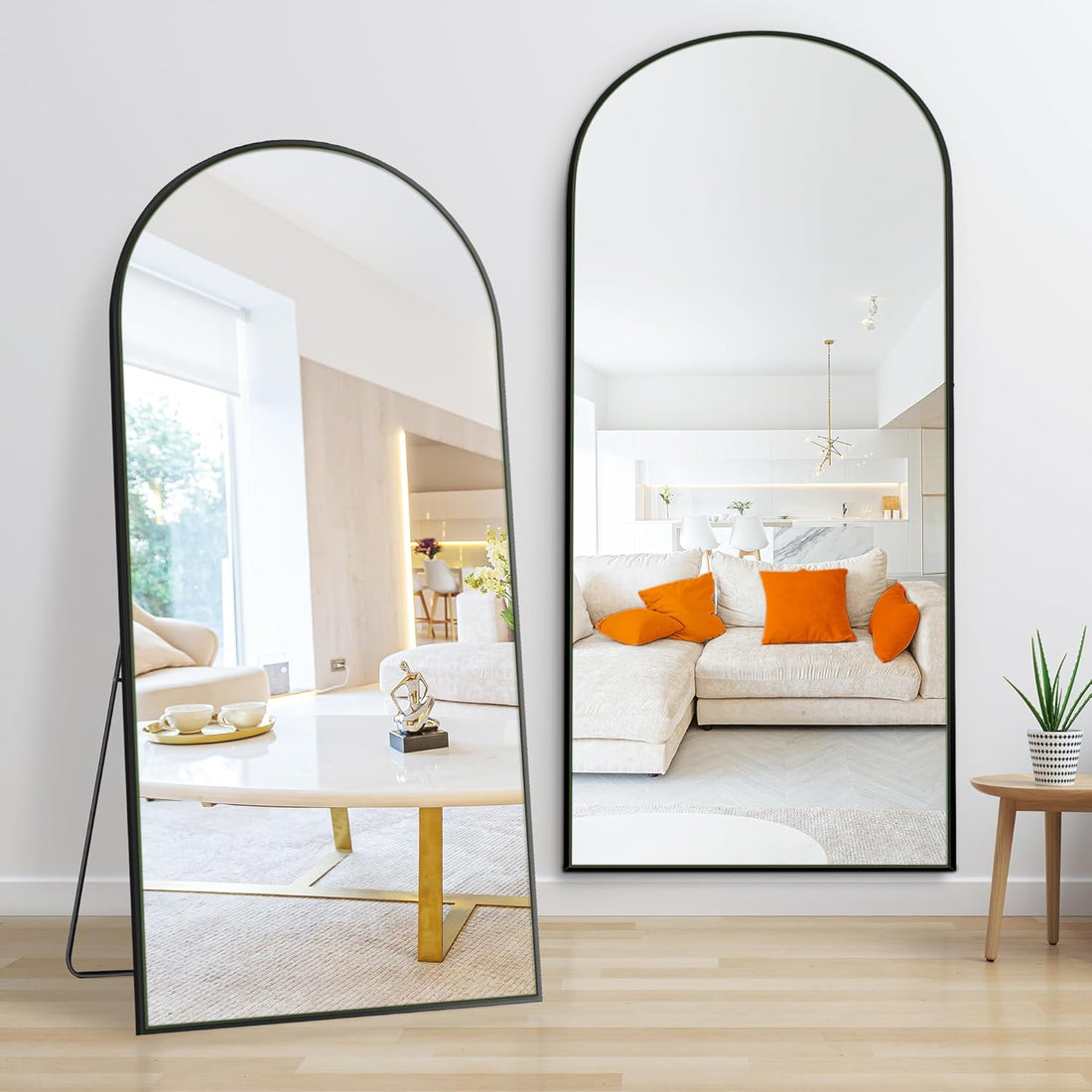 Dolonm 71X32 Inch Arch Full Length Mirror, Modern Design Standing Floor Mirror, Full Body Mirror For Living Room, Bedroom, Bathroom, Cloakroom, Hallway, Gold Wooden Frame Black Mirror