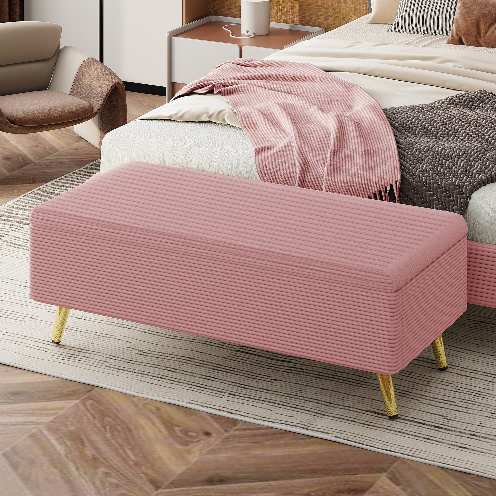 Modern Corduroy Upholstered Ottoman With Metal Legs, Storage Bench For Bedroom,Living Room,Pink Pink Polyester Solid Wood Mdf