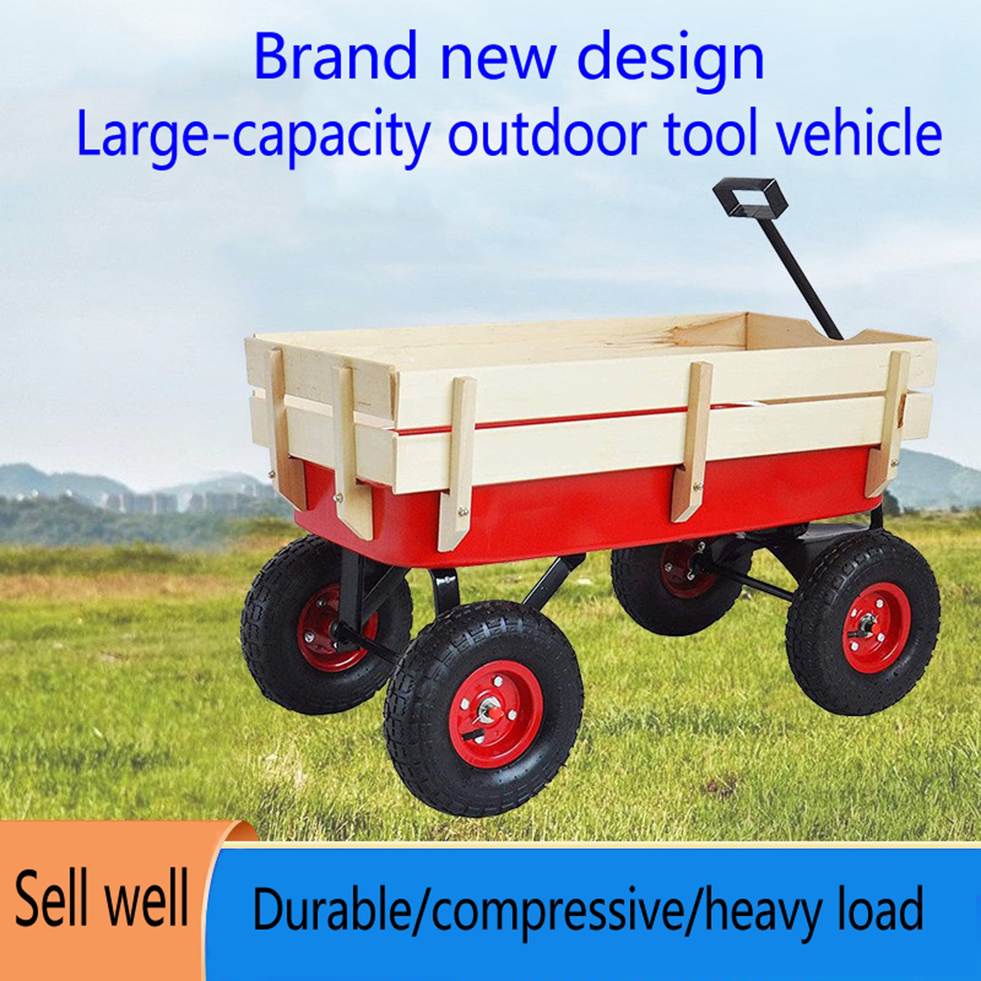 Outdoor Sport Wagon Tools Cart Wooden Side Panels Air Tires Wagon Red Red Garden & Outdoor Metal