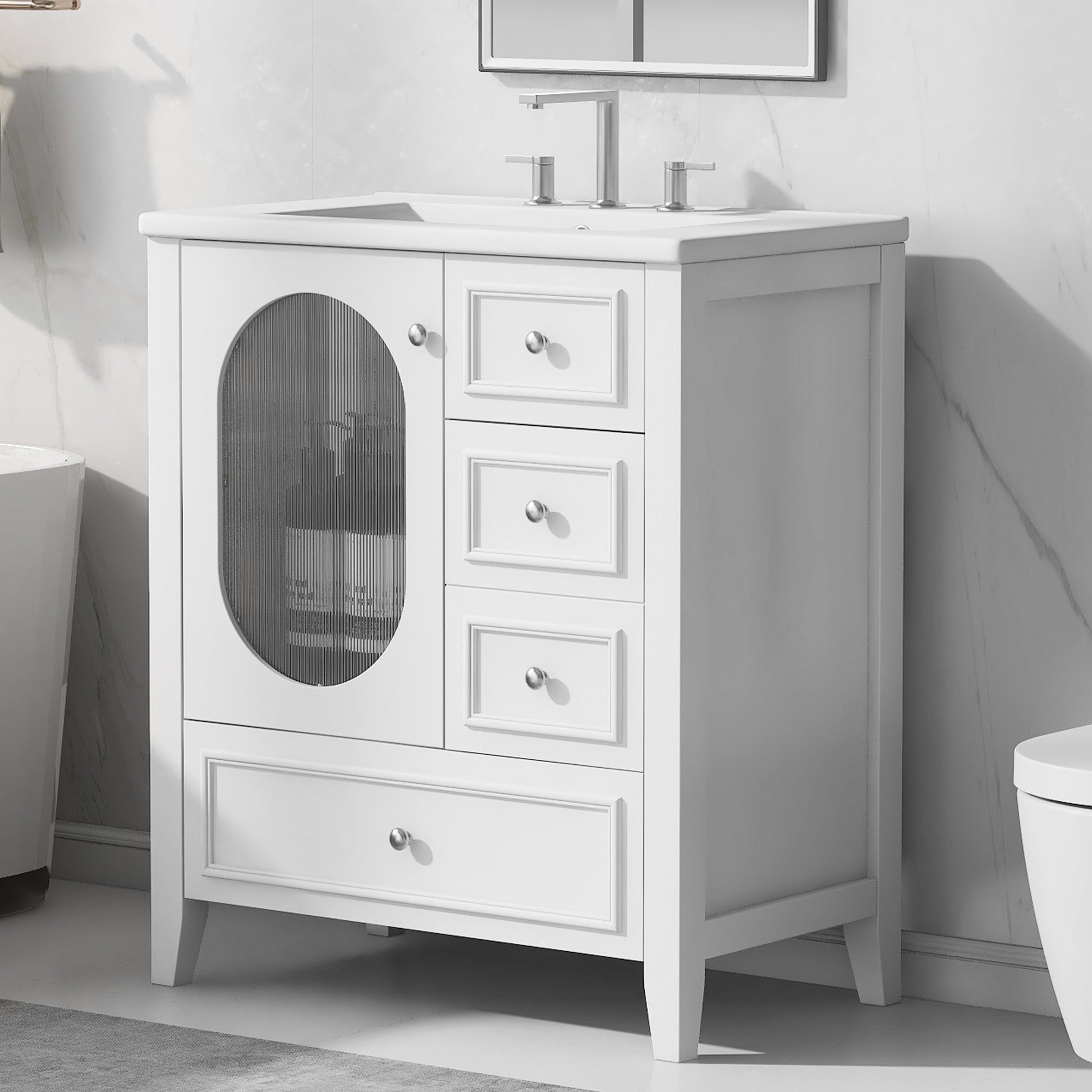 30" Bathroom Vanity With Sink, Bathroom Vanity Cabinet With Three Drawers And Door, Solid Wood And Mdf, White White Solid Wood Mdf