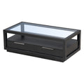 Modern Wood Coffee Table With 2 Drawers ,Minimalist Display Coffee Table With Transparent Tempered Glass, Open Storage Shelf For Living Room Black Solid Wood Mdf