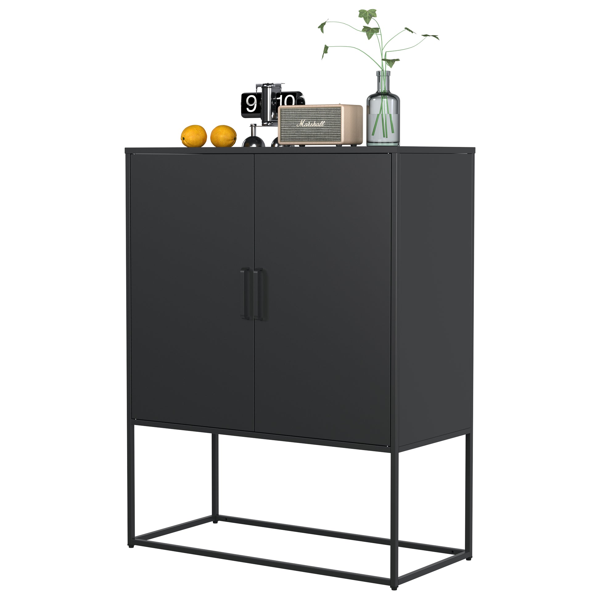 Heavy Duty Metal Buffet Sideboard Modern Steel Storage Cabinet With 2 Shelves, Free Standing Accent Cabinet With Magnetic Doors For Bedroom, Kitchen, And Home Office, Anti Tip Design Easy Assemble Accent Chests 1 2 Shelves Antique Black Primary Living