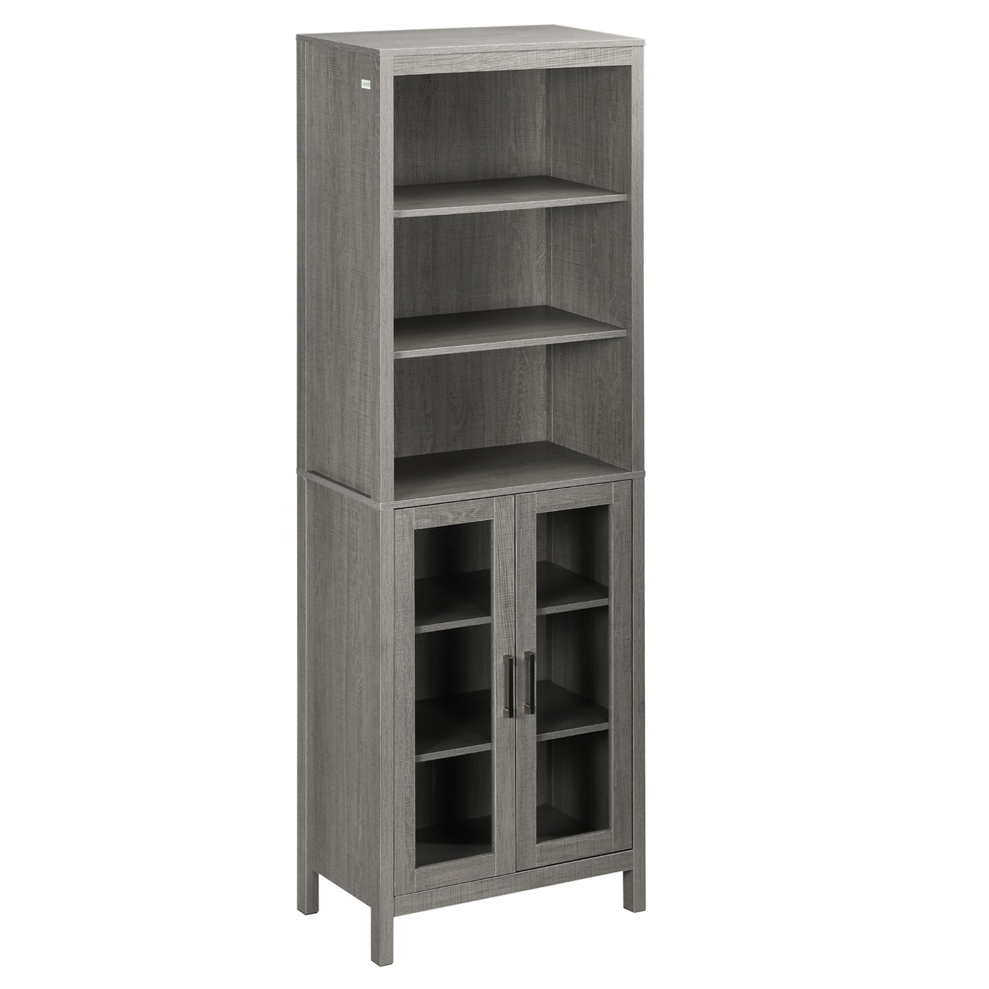 Kleankin Tall Bathroom Storage Cabinet With 3 Tier Shelf, Glass Door Cabinet, Freestanding Linen Tower With Adjustable Shelves, Grey Wood Grain Gray Particle Board