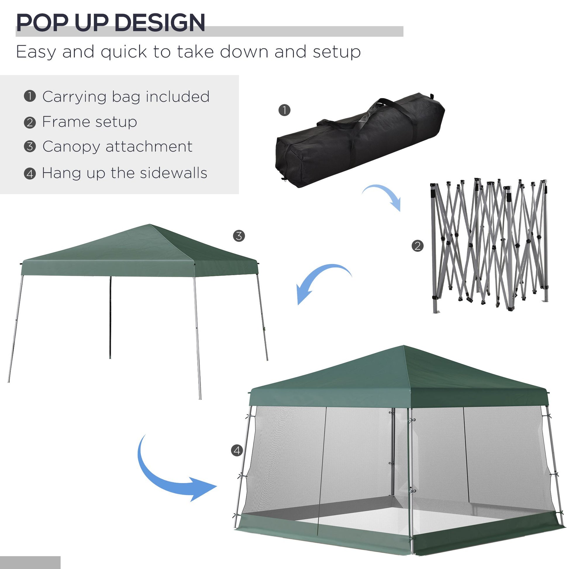 Outsunny Slant Leg Pop Up Canopy Tent With Netting And Carry Bag, Instant Sun Shelter, Tents For Parties, Height Adjustable, For Outdoor, Garden, Patio, 11.5'X11.5' Base 10'X10' Top , Green Green Steel
