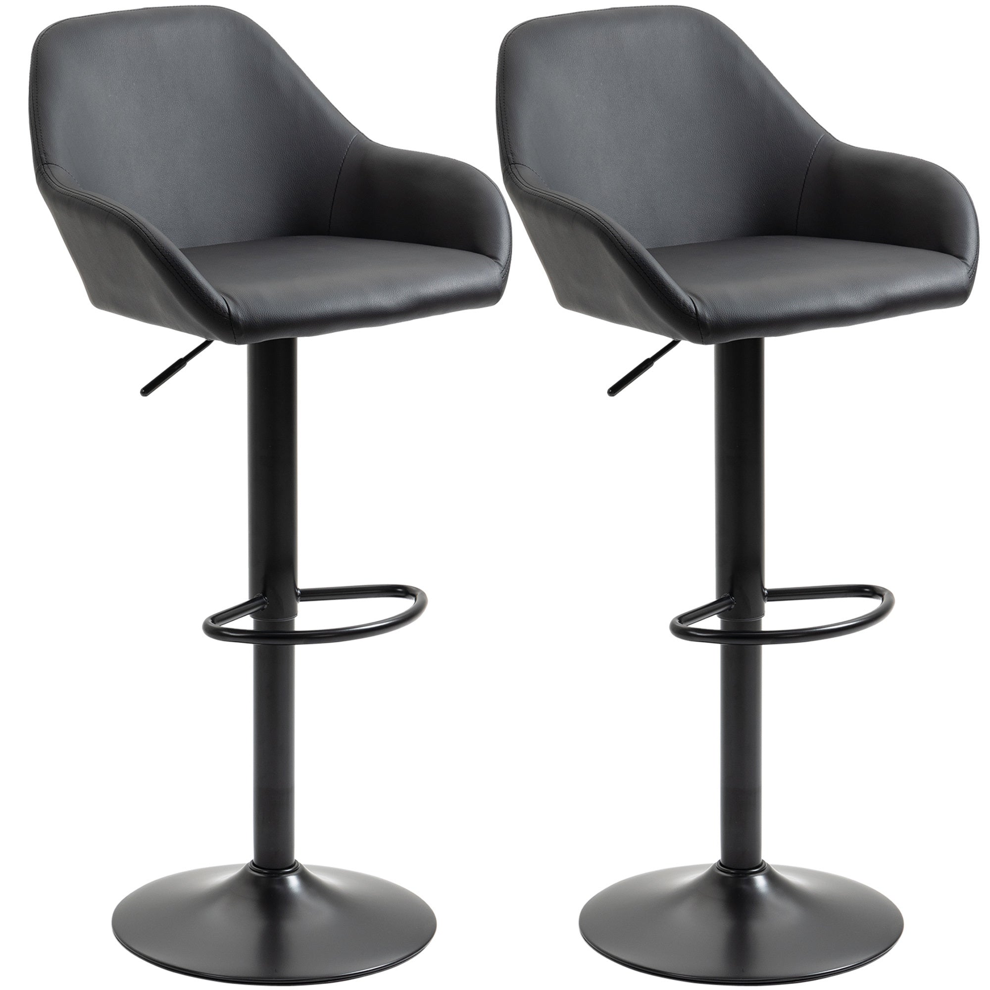 Homcom Adjustable Bar Stools, Swivel Counter Height Barstools With Footrest And Back, Pu Leather And Steel Round Base, For Kitchen Counter And Dining Room, Set Of 2, Black Black Steel