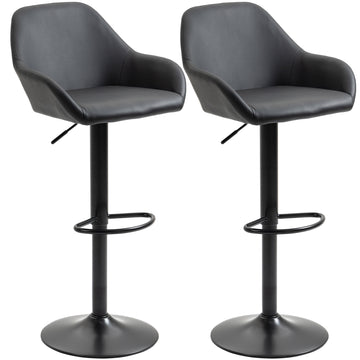 Homcom Adjustable Bar Stools, Swivel Counter Height Barstools With Footrest And Back, Pu Leather And Steel Round Base, For Kitchen Counter And Dining Room, Set Of 2, Black Black Steel