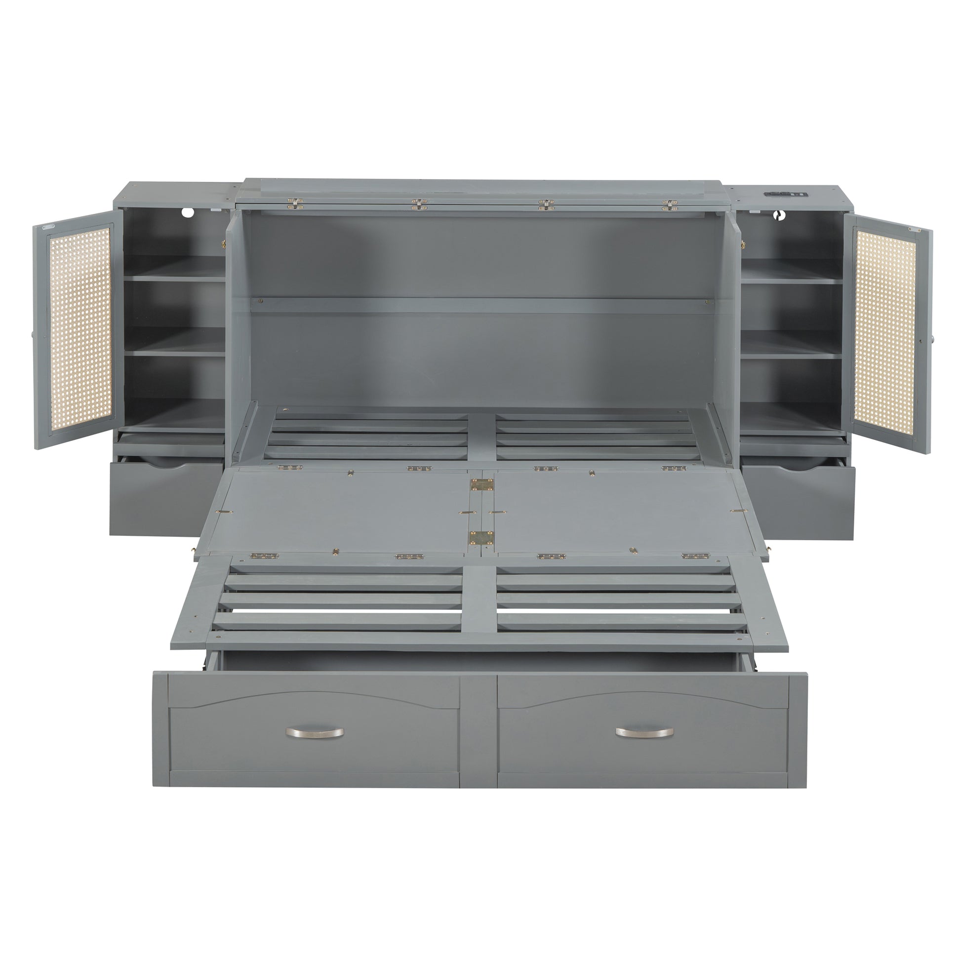 Queen Size Murphy Bed Wall Bed With Drawer And Rattan Decoration With 2 Storage Cabinets, One Set Of Sockets & Usb Ports, Pulley Structure Design, Gray Queen Gray Plywood