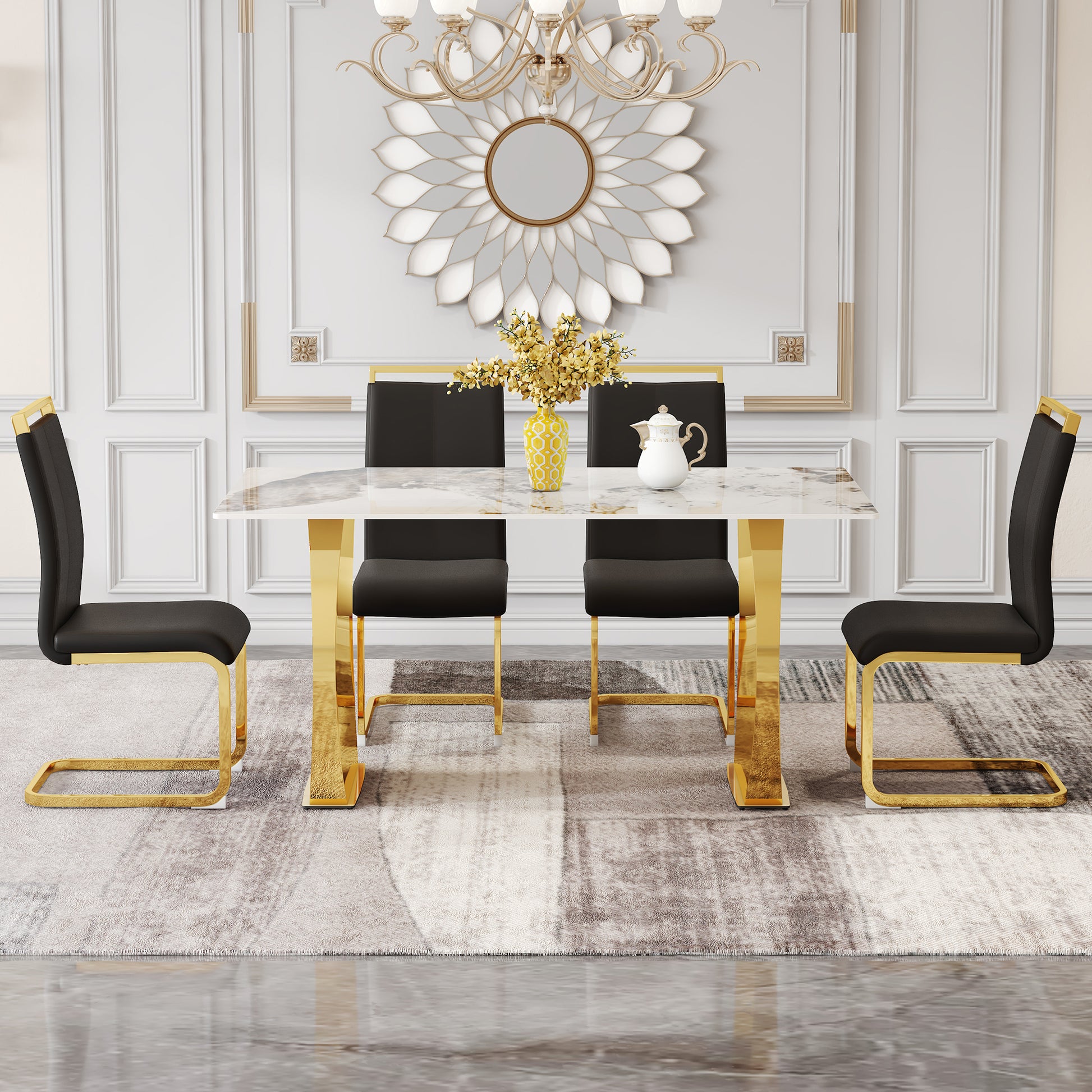 Table And Chair Set, Rock Plate Table Top, Gold Metal Table Legs, Stable And Beautiful, Suitable For Most Home Styles. Modern Simple Dining Table, Comfortable Seating. Gold Black Seats 4 Sintered Stone