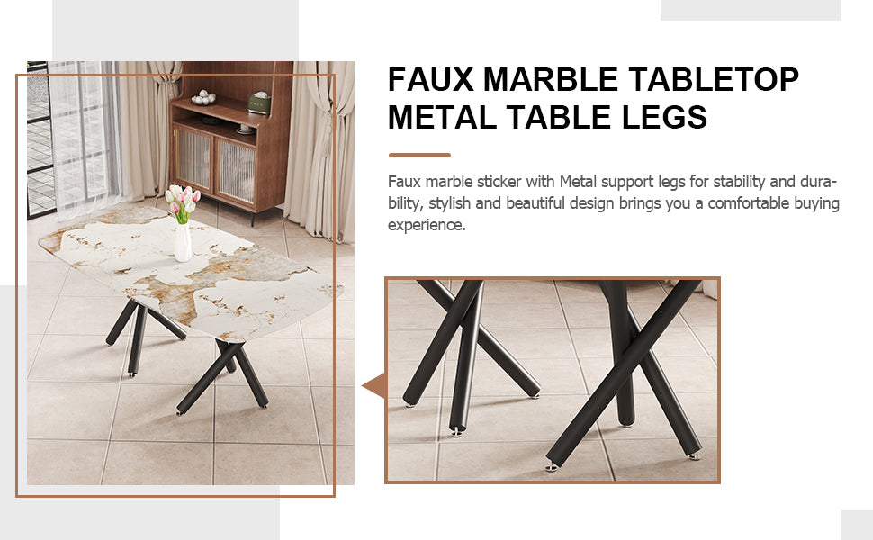 1 Table And 6 Chairs Set.A Rectangular Dining Table With A 0.39 Inch Imitation Marble Tabletop And Black Metal Legs.Paired With 6 Chairs With Pu Leather Seat Cushion And Black Metal Legs.F 1538,C 007 Black Glass Metal